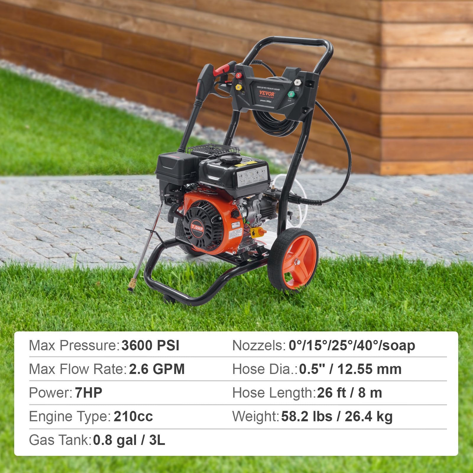 Fuel & Exhaust: VEVOR Gas Pressure Washer Gas Powered Washer 3600 PSI 2.6 GPM 210cc 5 Nozzles