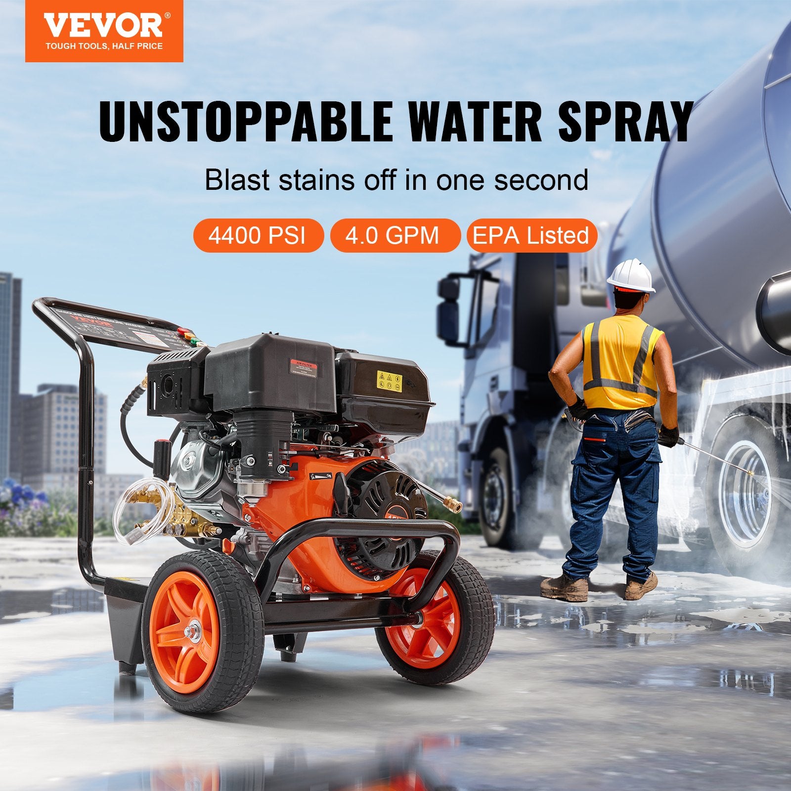 Fuel & Exhaust: VEVOR Gas Pressure Washer Gas Powered Washer 4400 PSI 4.0 GPM 390cc 5 Nozzles