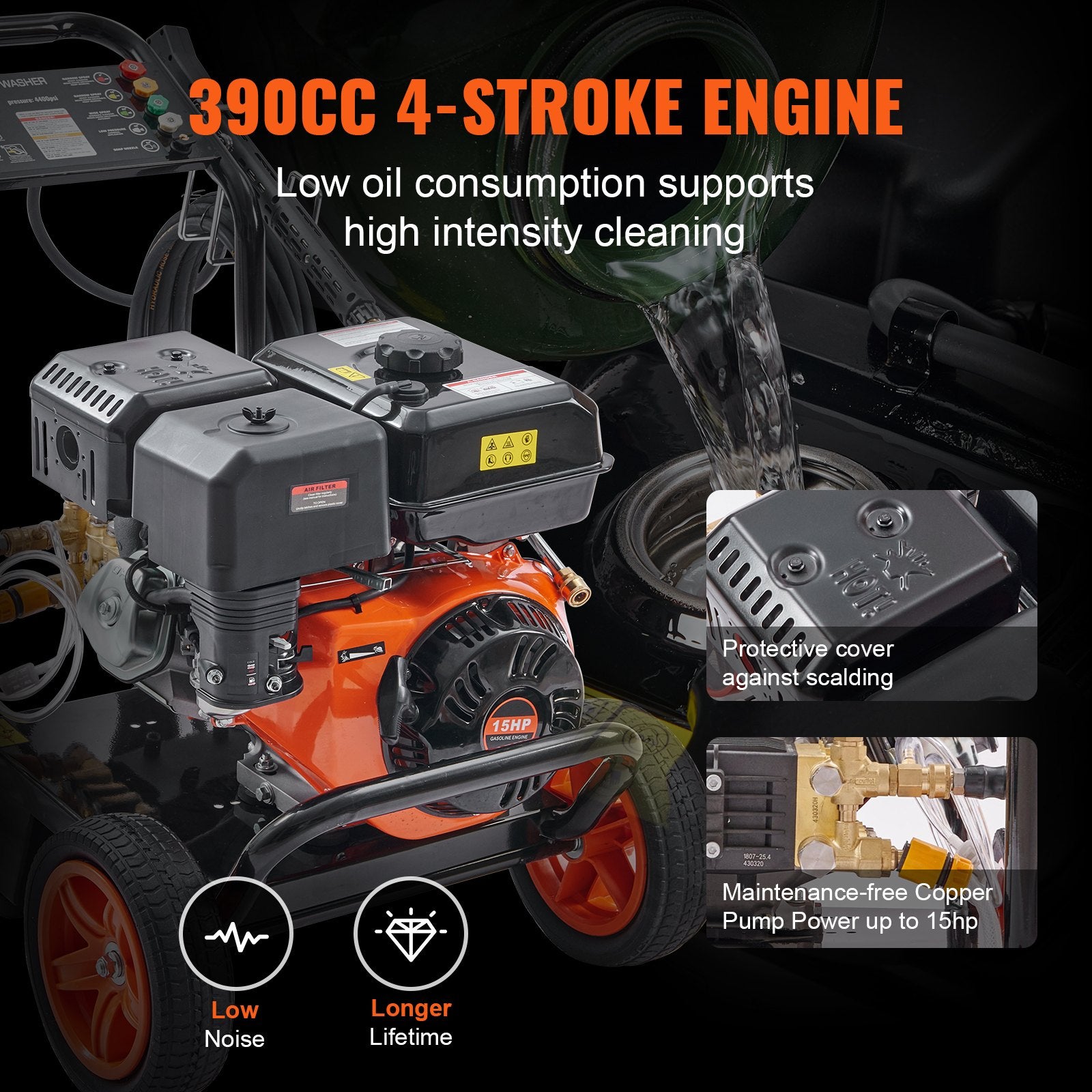 Fuel & Exhaust: VEVOR Gas Pressure Washer Gas Powered Washer 4400 PSI 4.0 GPM 390cc 5 Nozzles