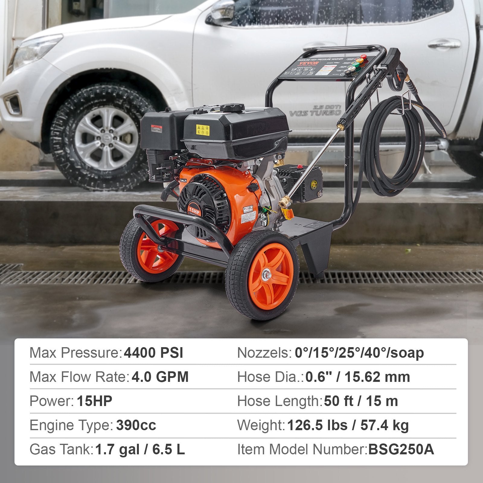 Fuel & Exhaust: VEVOR Gas Pressure Washer Gas Powered Washer 4400 PSI 4.0 GPM 390cc 5 Nozzles