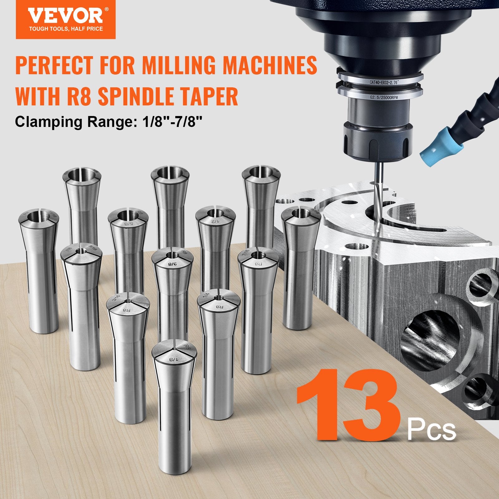 Fuel & Exhaust: VEVOR 13 pcs Precision R8 Collet Set, 1/8'' - 7/8'', 45# Mill Collet Chuck 0.0012"/30μm TIR with 13 Labeled Storage Boxes, for Milling Machine Drill Presses Boring Machine Machining Center