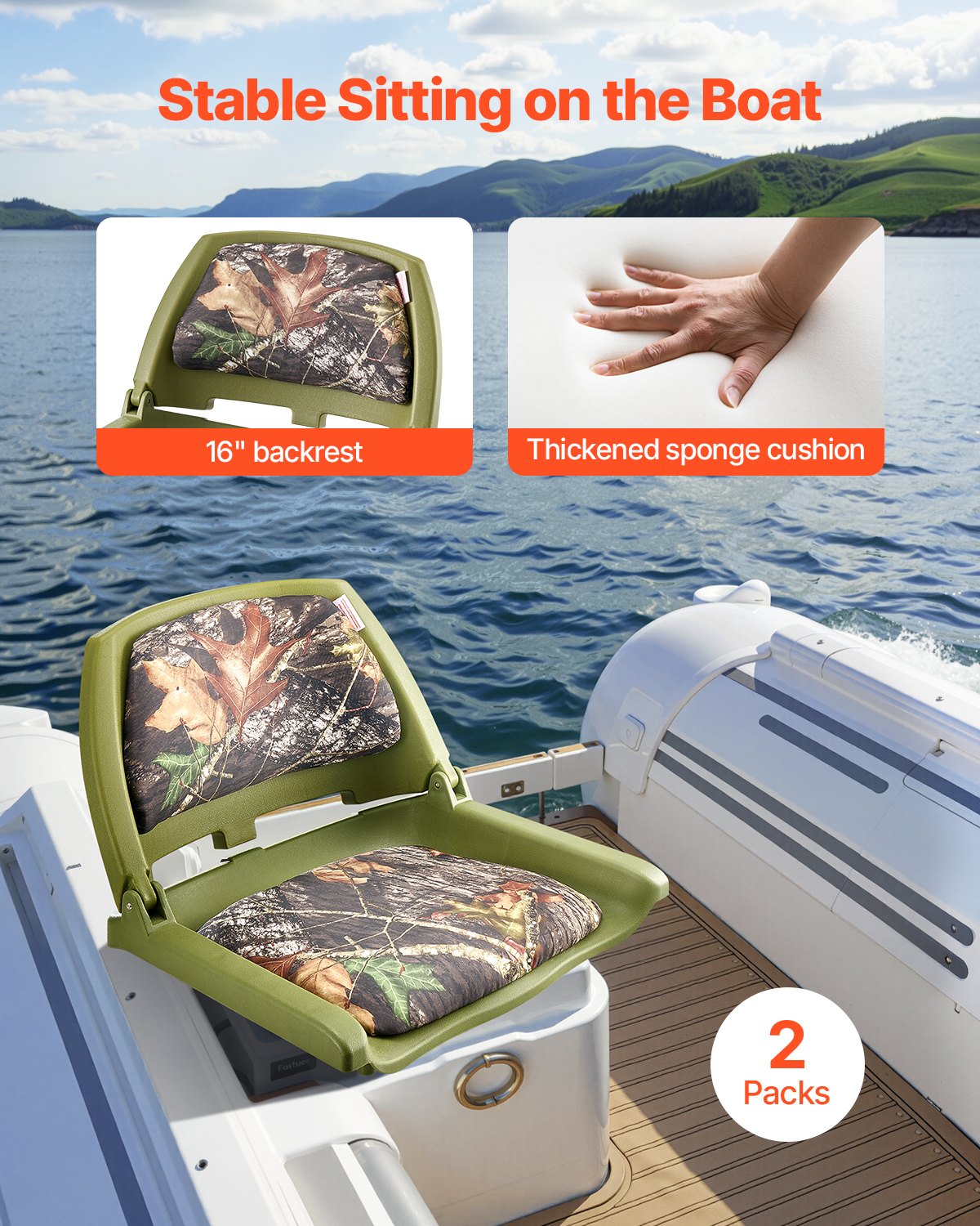 Boat Seat, Low Backrest, Folding Fishing Boat Seat with Thickened Sponge Cushion & PU Polyester Fabric, Strong PP Frame, Flip Up Boat Seat for Fishing Boats, Yachts, Ships, Camouflage Color