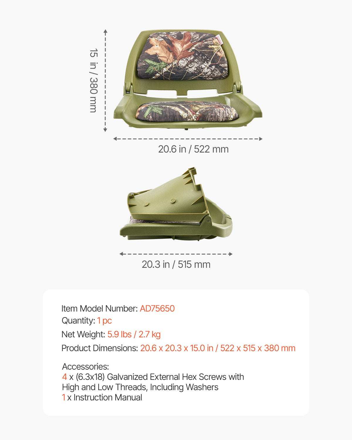 Boat Seat, Low Backrest, Folding Fishing Boat Seat with Thickened Sponge Cushion & PU Polyester Fabric, Strong PP Frame, Flip Up Boat Seat for Fishing Boats, Yachts, Ships, Camouflage Color