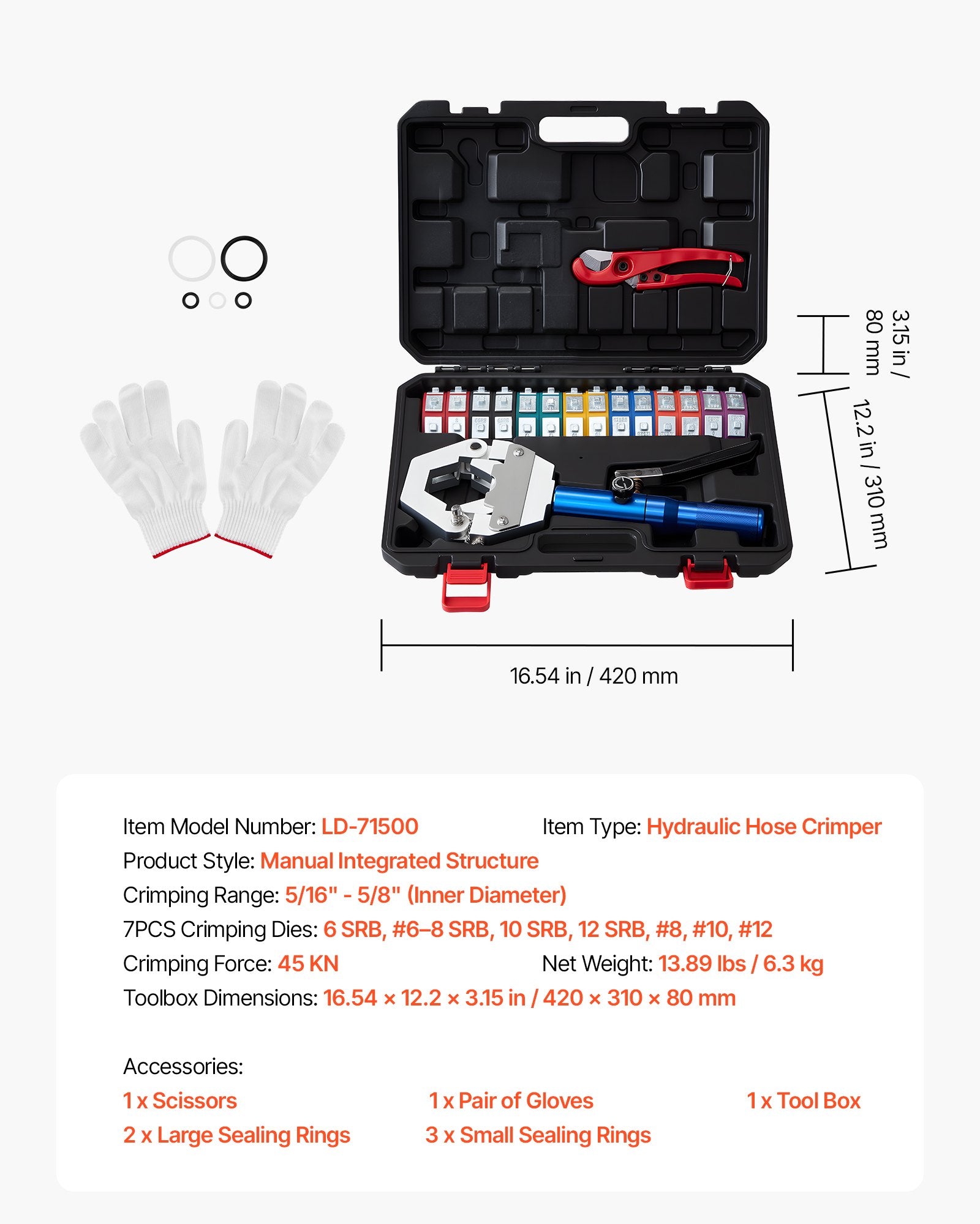 Caulking Tools: VEVOR Hydraulic Hose Crimper, Hydra-Krimp AC Hose Crimper Kit with 7 Dies Snap-On, Integral Manual Hydraulic A/C Hoses Crimping Tool for Automotive & Air Conditioning Repair - with Carrying Case
