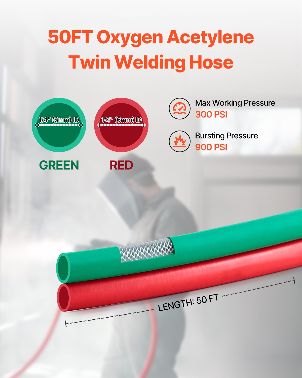 Air Compressors Accessories: VEVOR Oxygen Acetylene Hose, 1/4-Inch x 50FT Oxy Acetylene Hose with 9/16"-18 LH/RH B Fittings, R Grade Welding Torch Twin Hose with 300PSI Maximum Working Pressure for Cutting Soldering Brazing