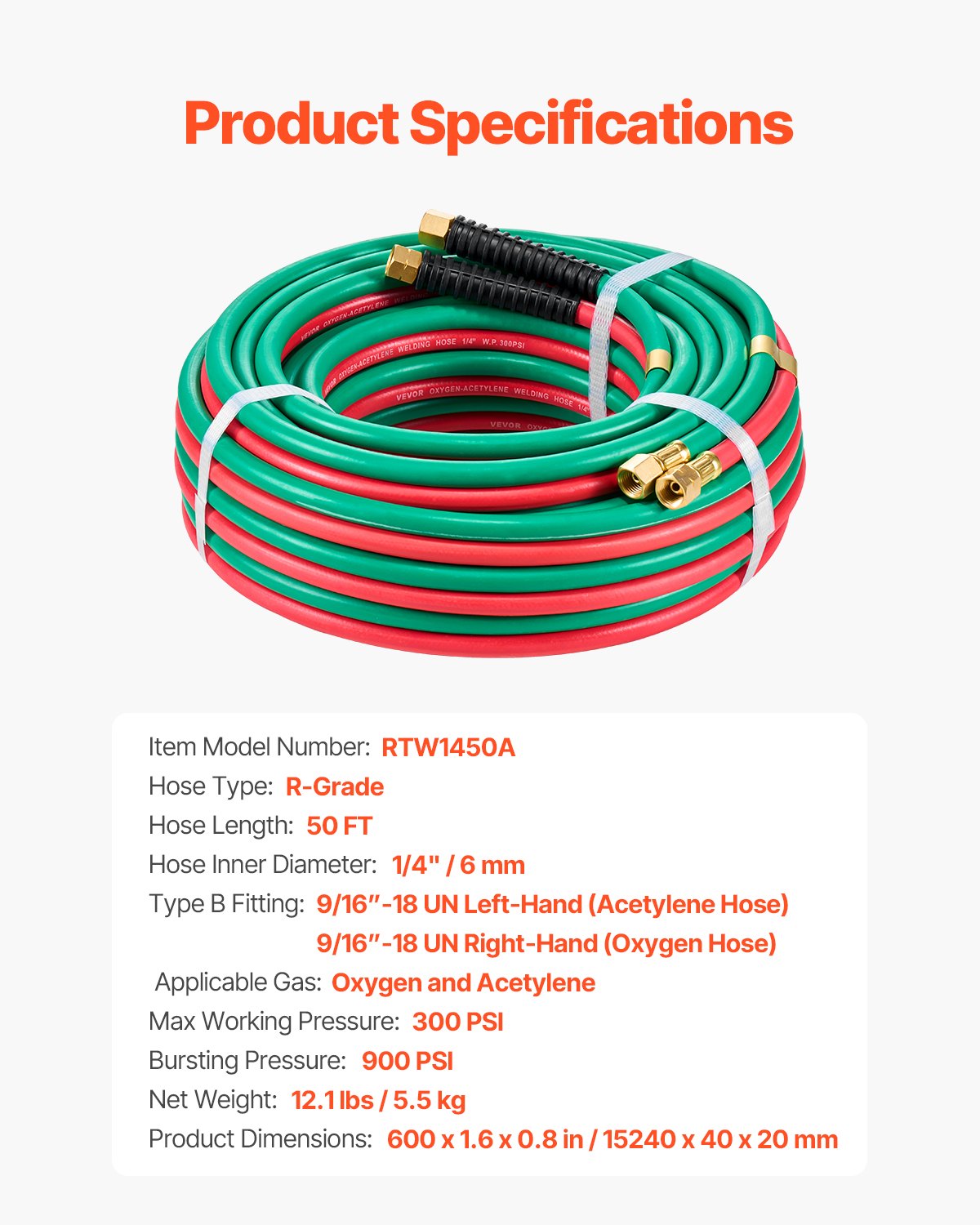 Air Compressors Accessories: VEVOR Oxygen Acetylene Hose, 1/4-Inch x 50FT Oxy Acetylene Hose with 9/16"-18 LH/RH B Fittings, R Grade Welding Torch Twin Hose with 300PSI Maximum Working Pressure for Cutting Soldering Brazing