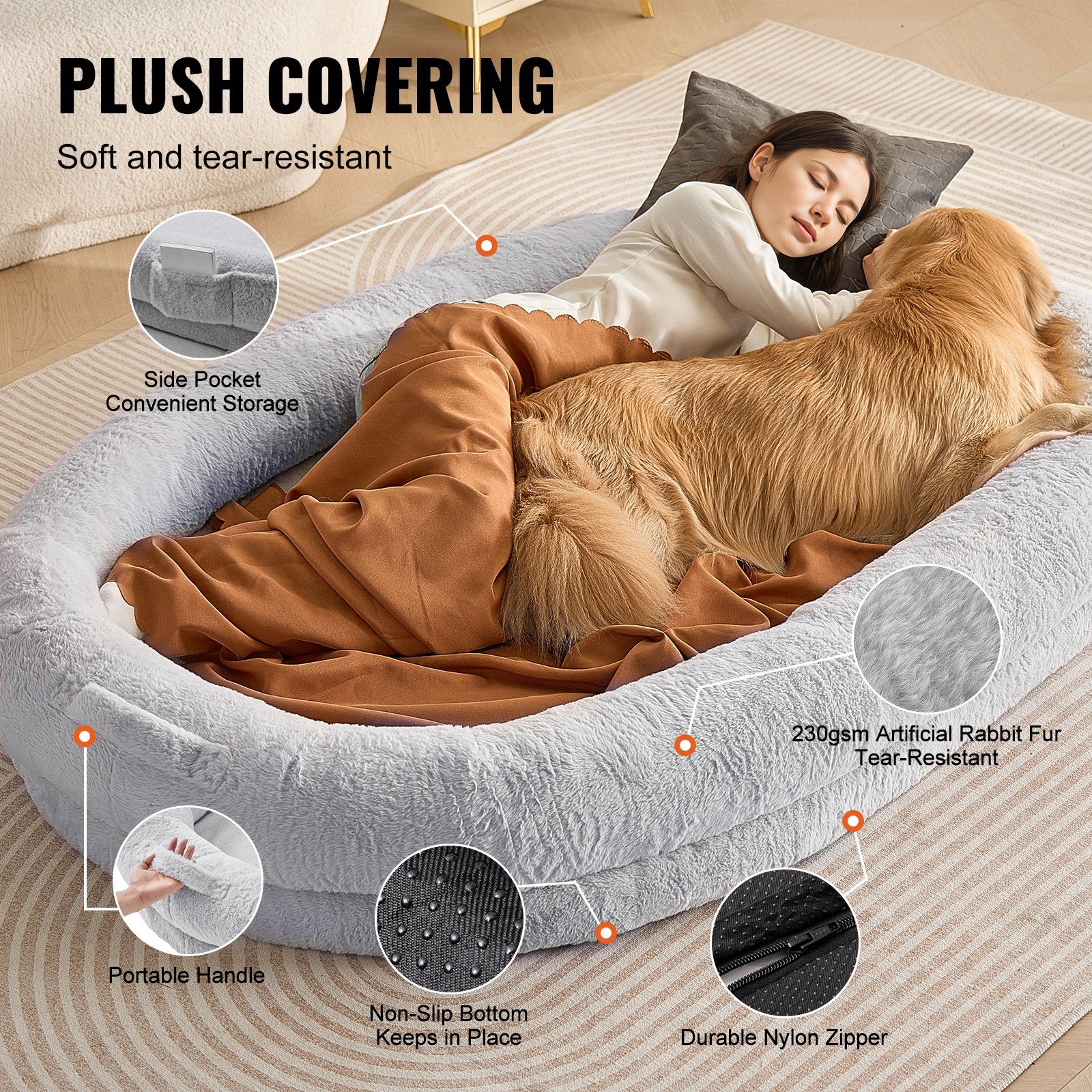 Dog Beds: VEVOR Human Dog Bed 1825x1220x254 mm Human Size Dog Bed Washable Faux Rabbit Fur