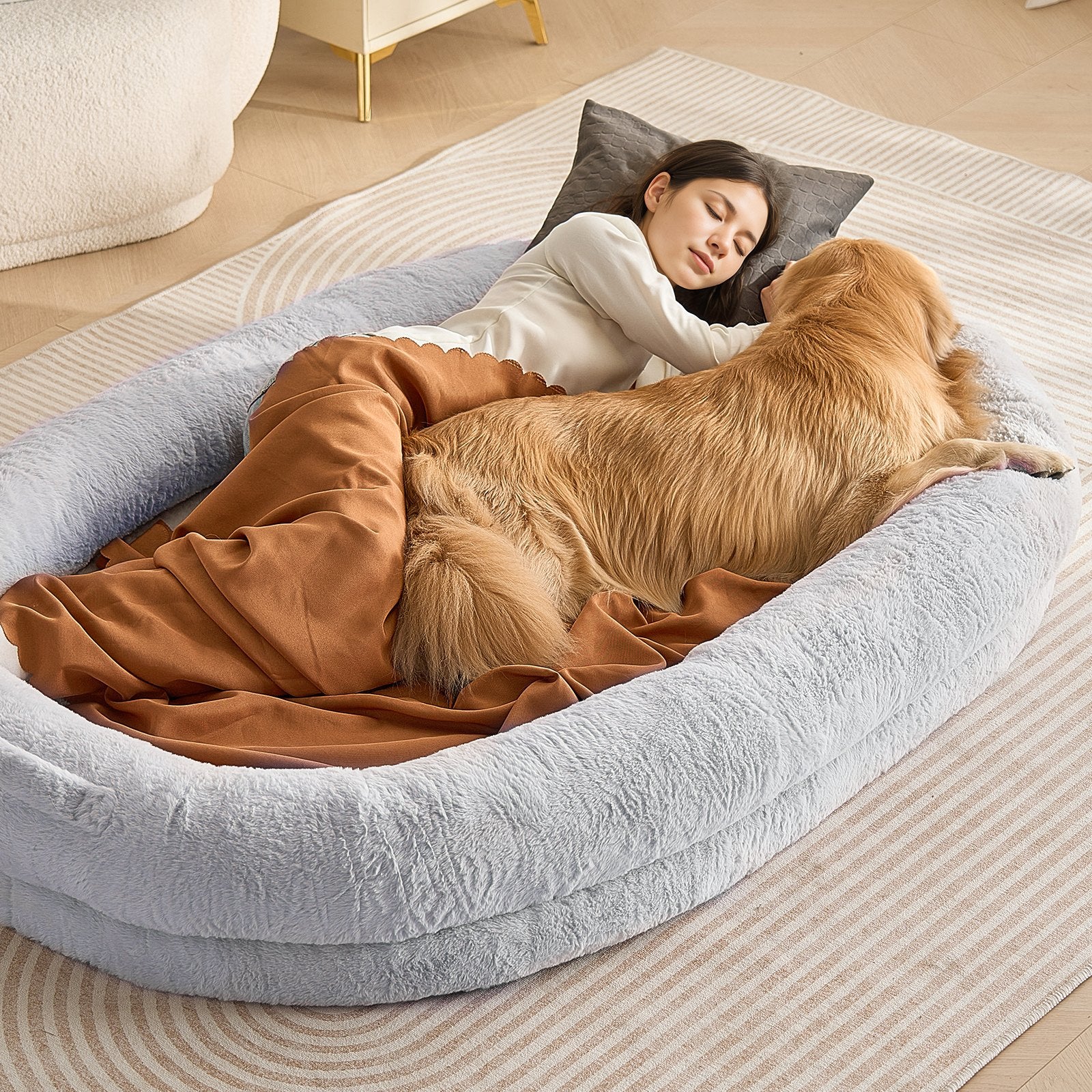 Dog Beds: VEVOR Human Dog Bed 1825x1220x254 mm Human Size Dog Bed Washable Faux Rabbit Fur