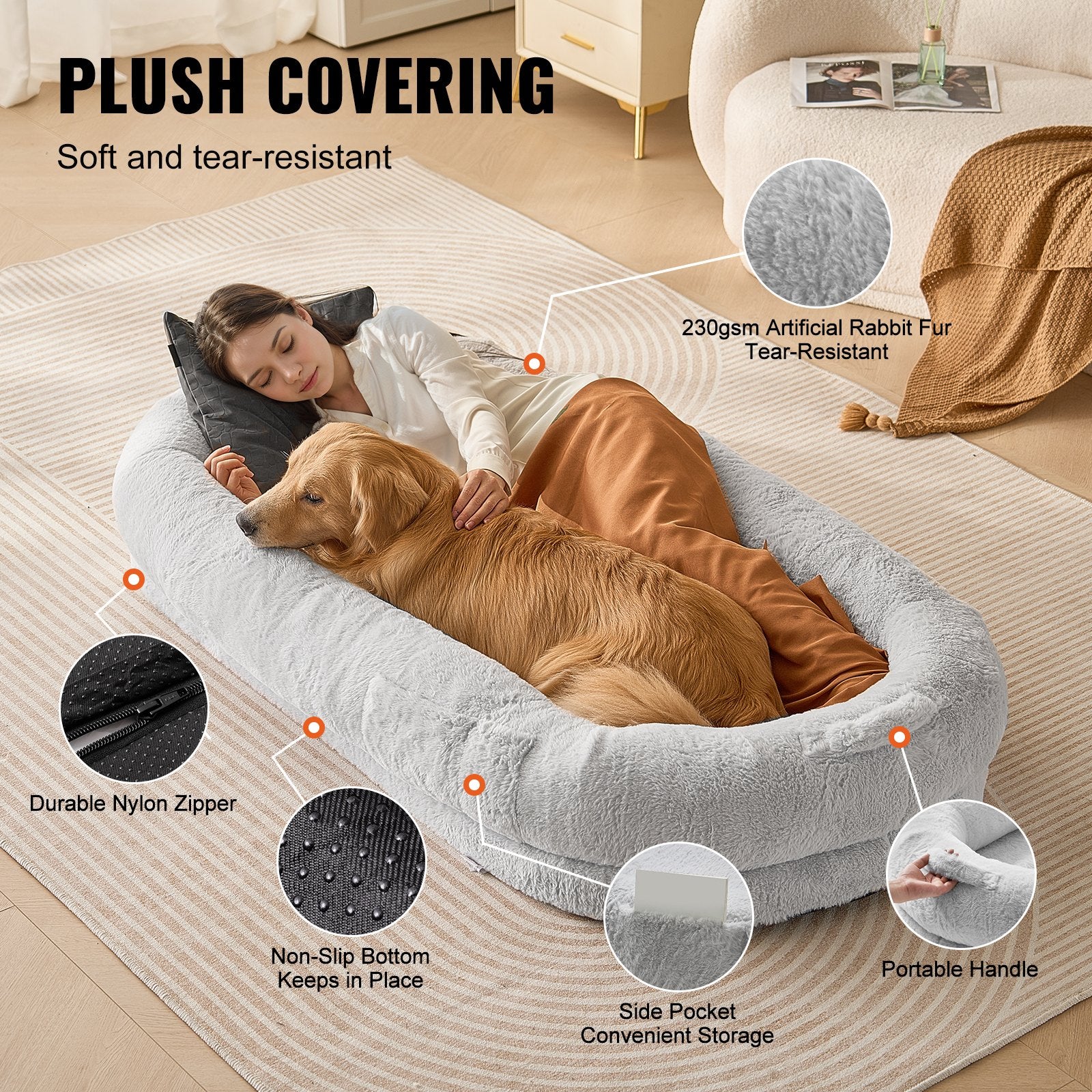Dog Beds: VEVOR Human Dog Bed 1720x890x250 mm Human Size Dog Bed Washable Faux Rabbit Fur