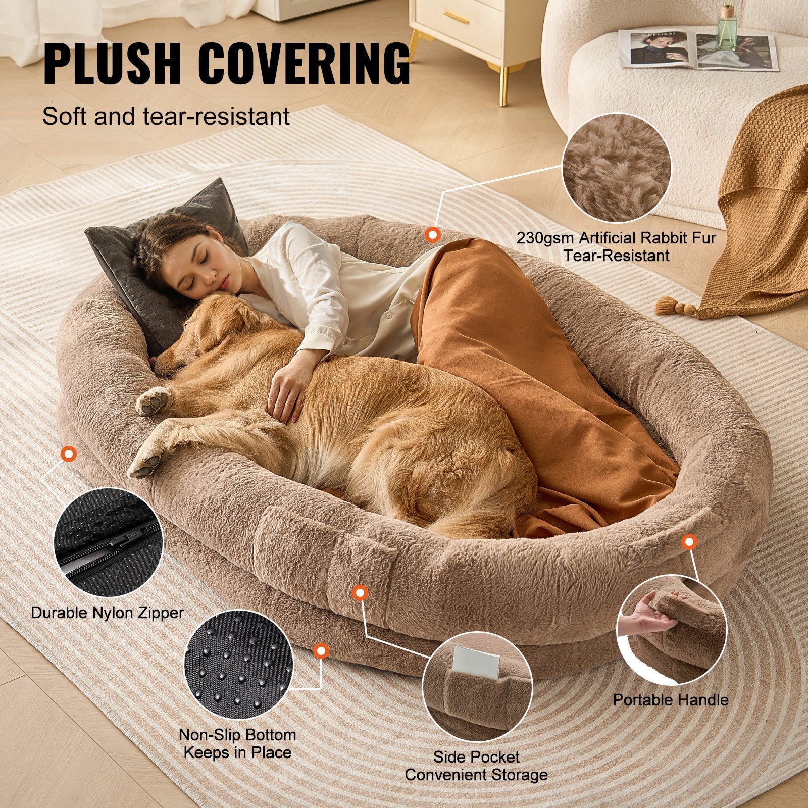 Dog Beds: VEVOR Human Dog Bed 1825x1220x254 mm Human Size Dog Bed Washable Faux Rabbit Fur