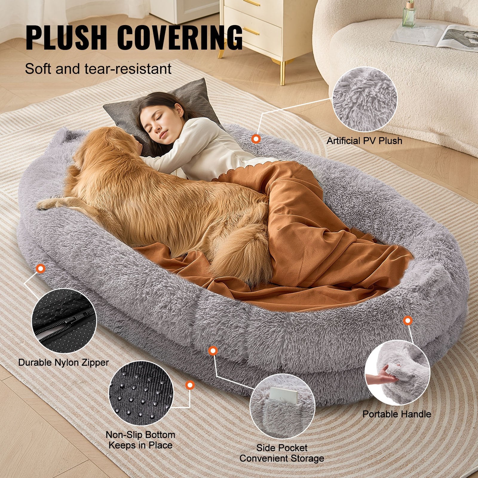 Dog Beds: VEVOR Human Dog Bed 1820x1220x250 mm Human Size Dog Bean Bed Washable PV Velvet