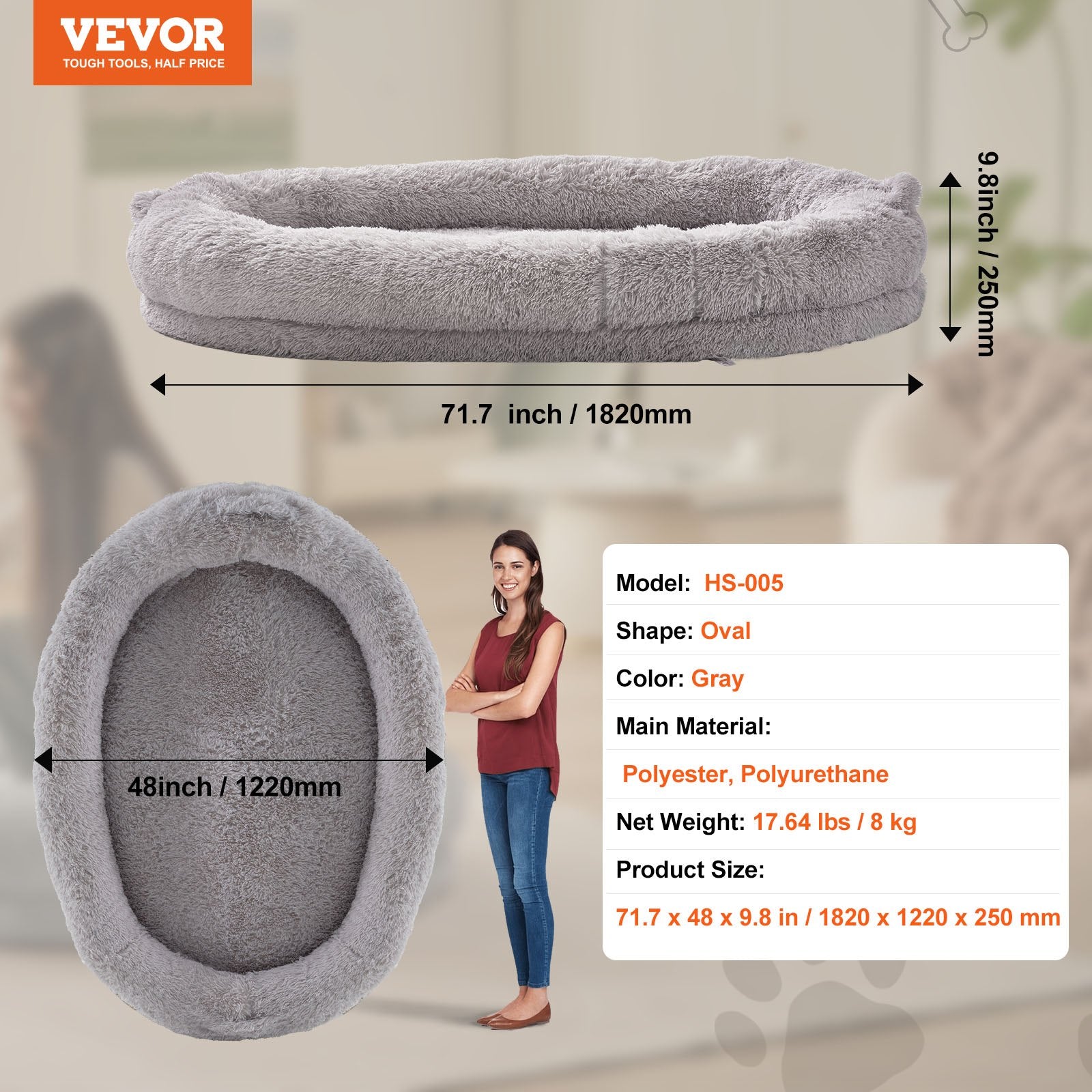 Dog Beds: VEVOR Human Dog Bed 1820x1220x250 mm Human Size Dog Bean Bed Washable PV Velvet