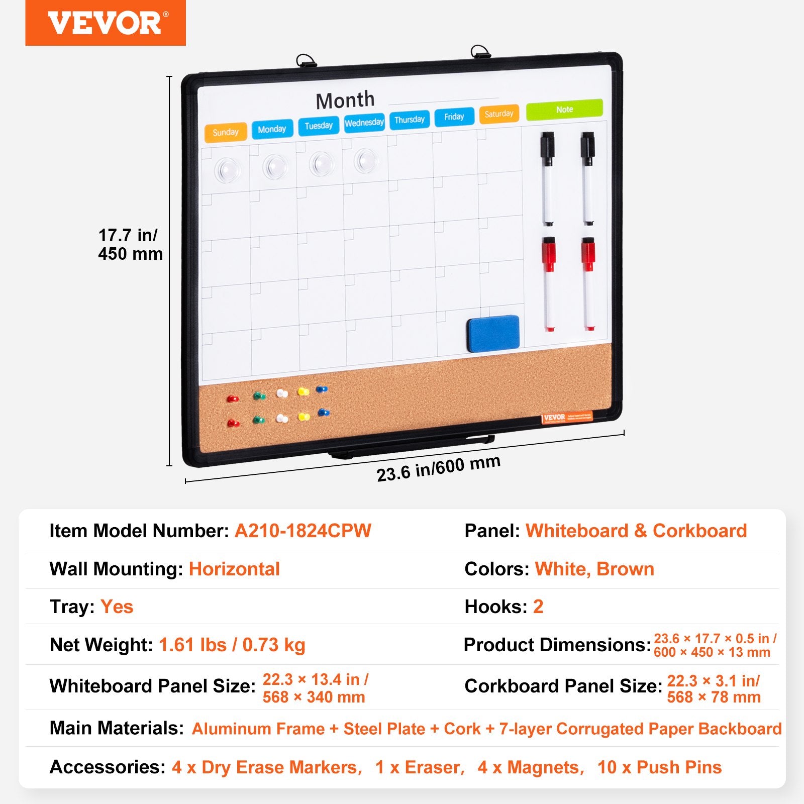 Building Toys: VEVOR 24"x 18" Monthly Calendar Whiteboard & Cork Board Combo with Aluminum Frame  2-in-1 Magnetic Dry Erase Bulletin Board for Wall Mount  Ideal for School, Home, Office