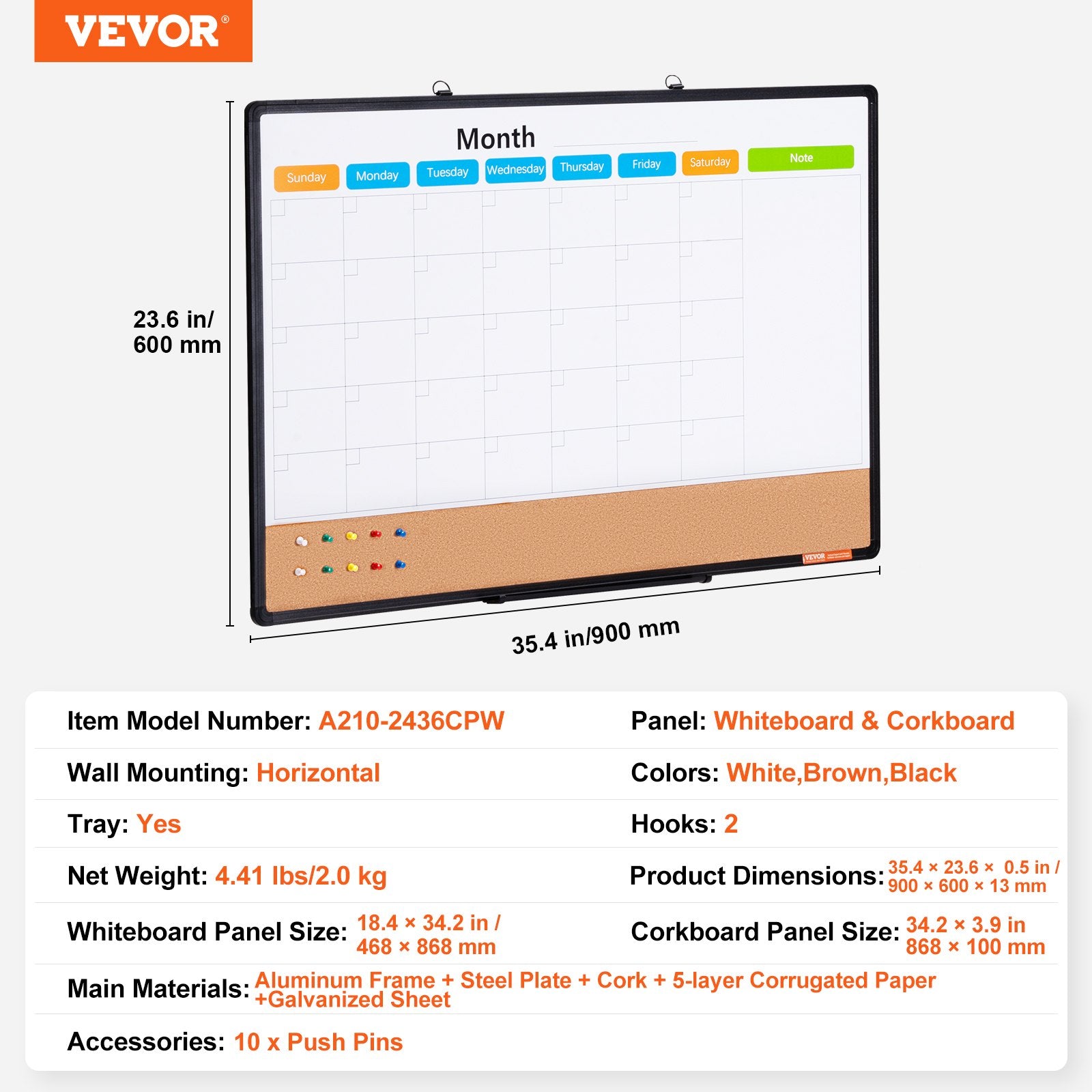 Building Toys: VEVOR 36"x 24" Monthly Calendar Whiteboard & Cork Board Combo with Aluminum Frame  2-in-1 Magnetic Dry Erase Bulletin Board for Wall Mount  Ideal for School, Home, Office