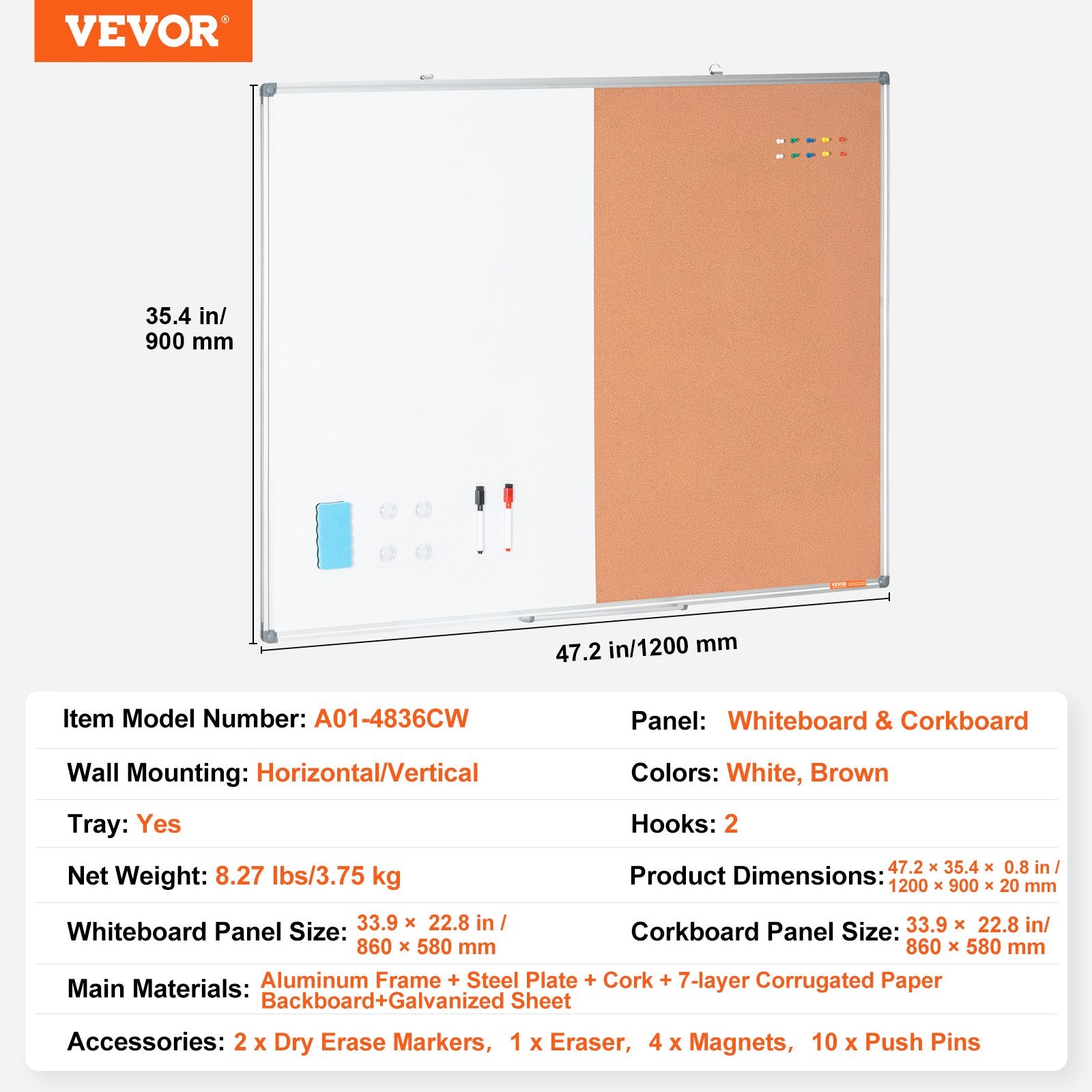 Audio Accessories: VEVOR 48"x 36" Whiteboard & Cork Board Combo with Aluminum Frame  2-in-1 Magnetic Dry Erase Bulletin Board for Wall Mount  Ideal for School, Home, Office