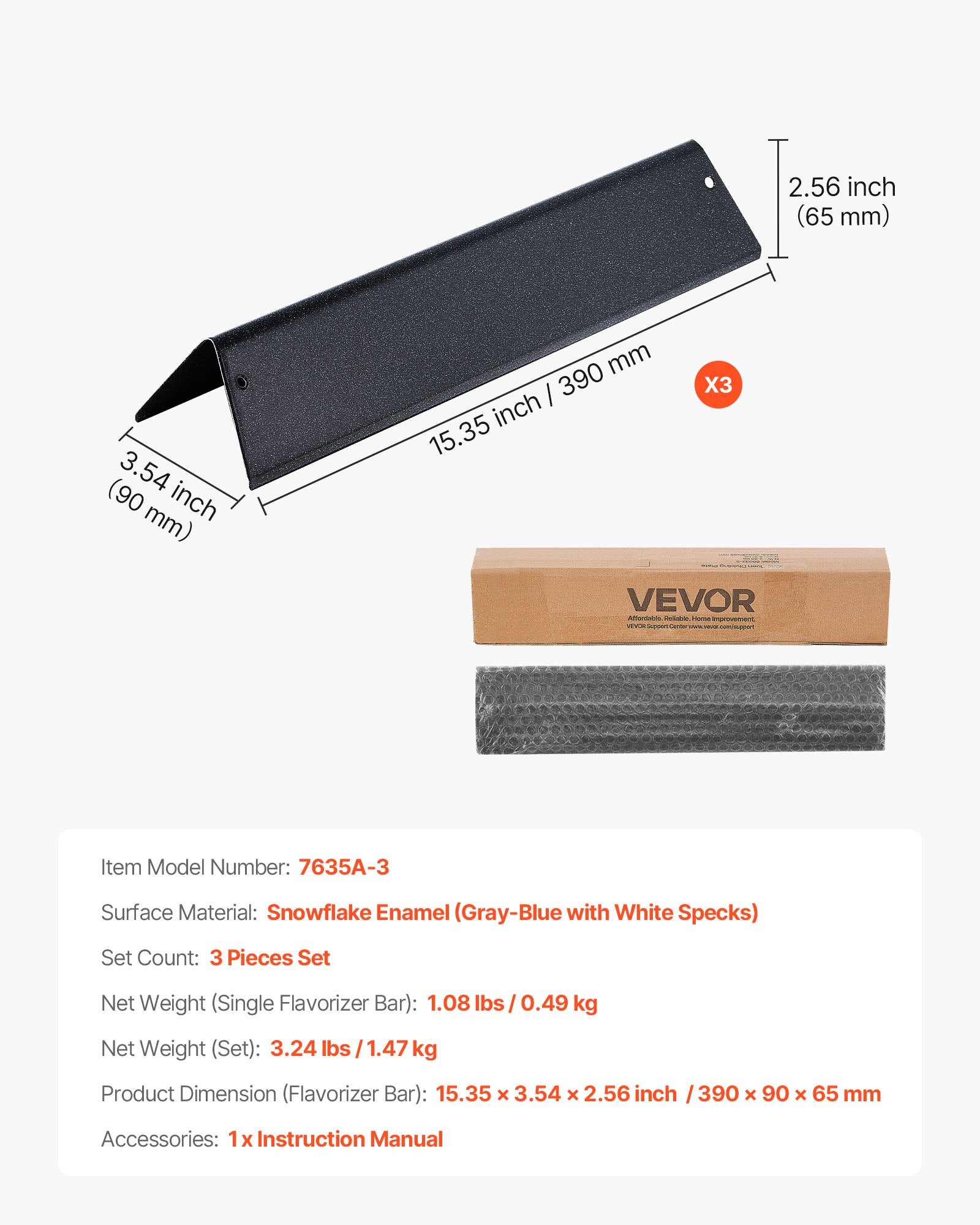BBQs & Accessories: VEVOR Flavorizer Bars, 39cm Grill Replacement Part, for Weber Spirit I & II 200 Series Grills, Including Spirit ll E-210, ll E-220, ll S-210, E-210, S-210, Porcelain-enameled Steel Heat Plate, 3 Pack