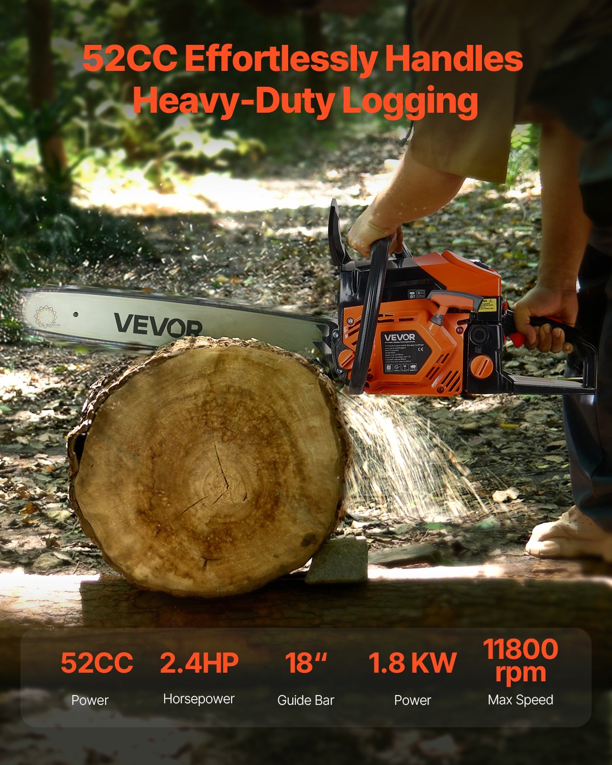 Chainsaws: VEVOR 52cc Gas Chainsaw 1.8 kW Gas Powered 455 mm Chainsaw For Wood Cutting