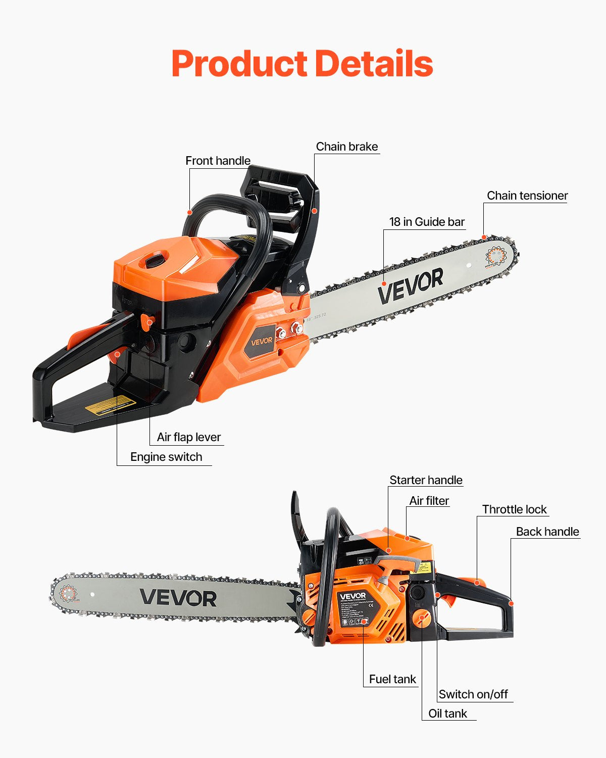 Chainsaws: VEVOR 52cc Gas Chainsaw 1.8 kW Gas Powered 455 mm Chainsaw For Wood Cutting