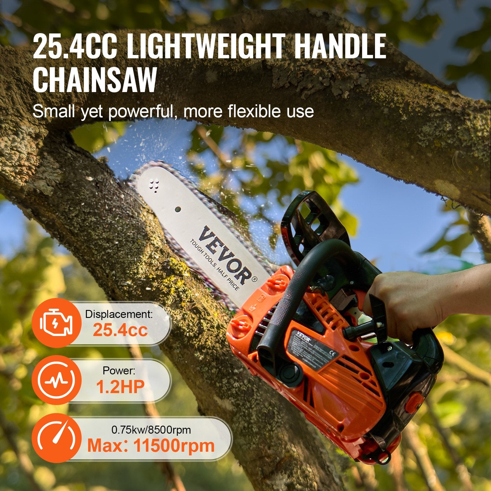 Chainsaws: VEVOR 25.4CC 304.8mm Gasoline Chainsaw Powered Wood Cutting Engine Gas Chain Saw