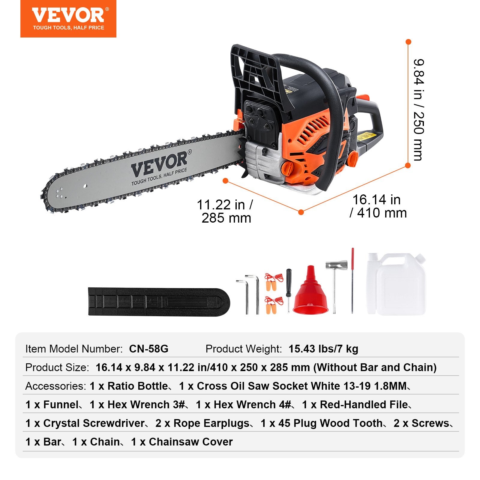 Chainsaws: VEVOR 58CC 508mm Gasoline Chainsaw Gas Powered Wood Cutting Engine Gas Chain Saw