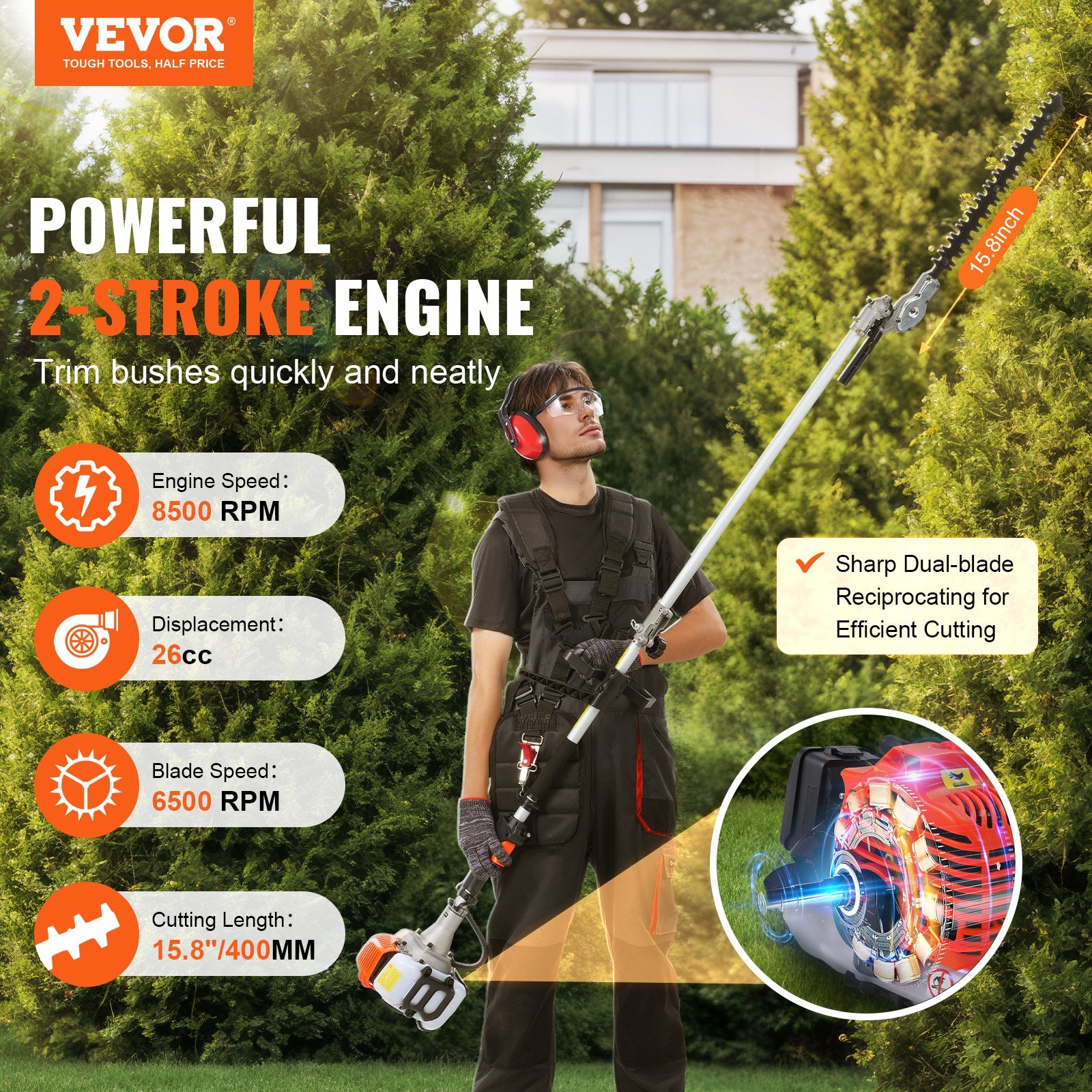 Chainsaws: VEVOR 15.7-inch 26CC 2 Cycle Gas Hedge Trimmer, Gas Powered Pole Hedge Trimmer with Dual Sided Dual Action Blade, Adjustable Trimmer Head, Suitable for Trimming Shrubs, Bushes
