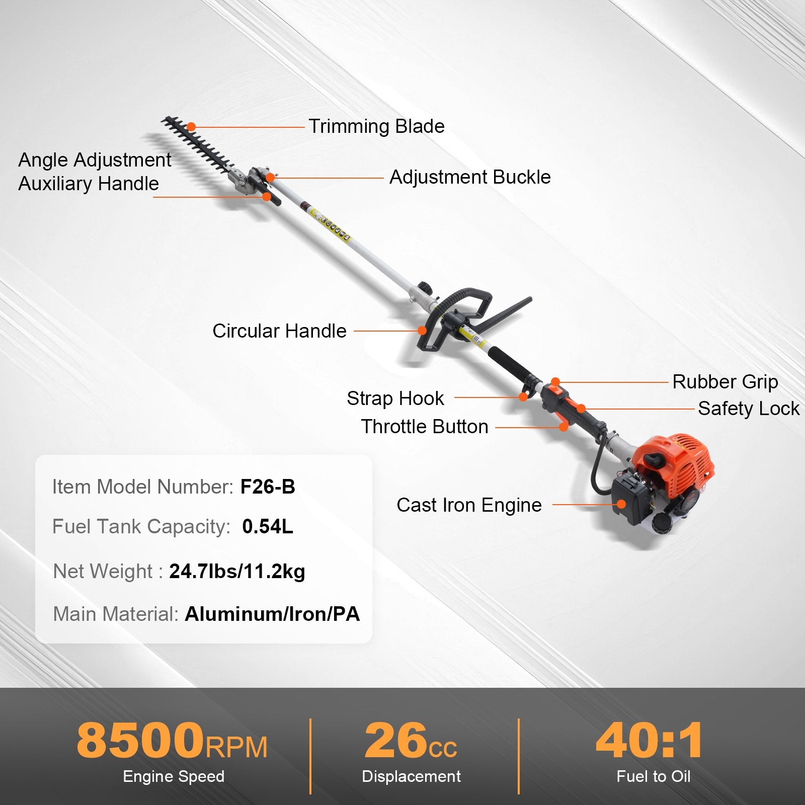 Chainsaws: VEVOR 15.7-inch 26CC 2 Cycle Gas Hedge Trimmer, Gas Powered Pole Hedge Trimmer with Dual Sided Dual Action Blade, Adjustable Trimmer Head, Suitable for Trimming Shrubs, Bushes