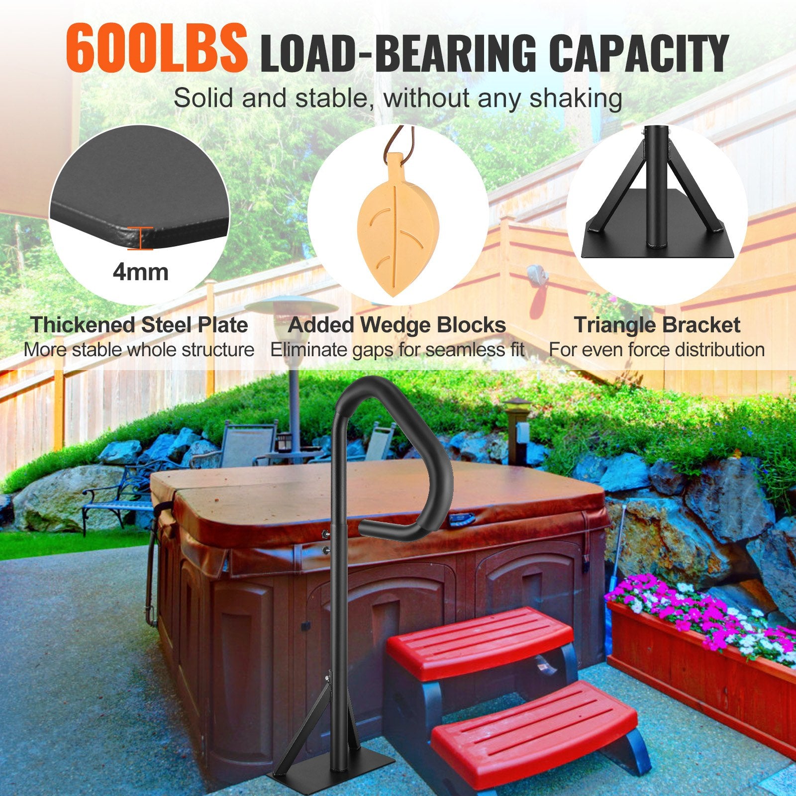 Mobility & Accessibility: VEVOR Hot Tub Handrail, 360 Rotatable Spa Side Handrail with 35"-57" Adjustable Height, Rust-proof Aluminum Spa Step Hot Tub Hand Rail with Slide-Under Mount Base for Indoor & Outdoor, 600LBS Capacity