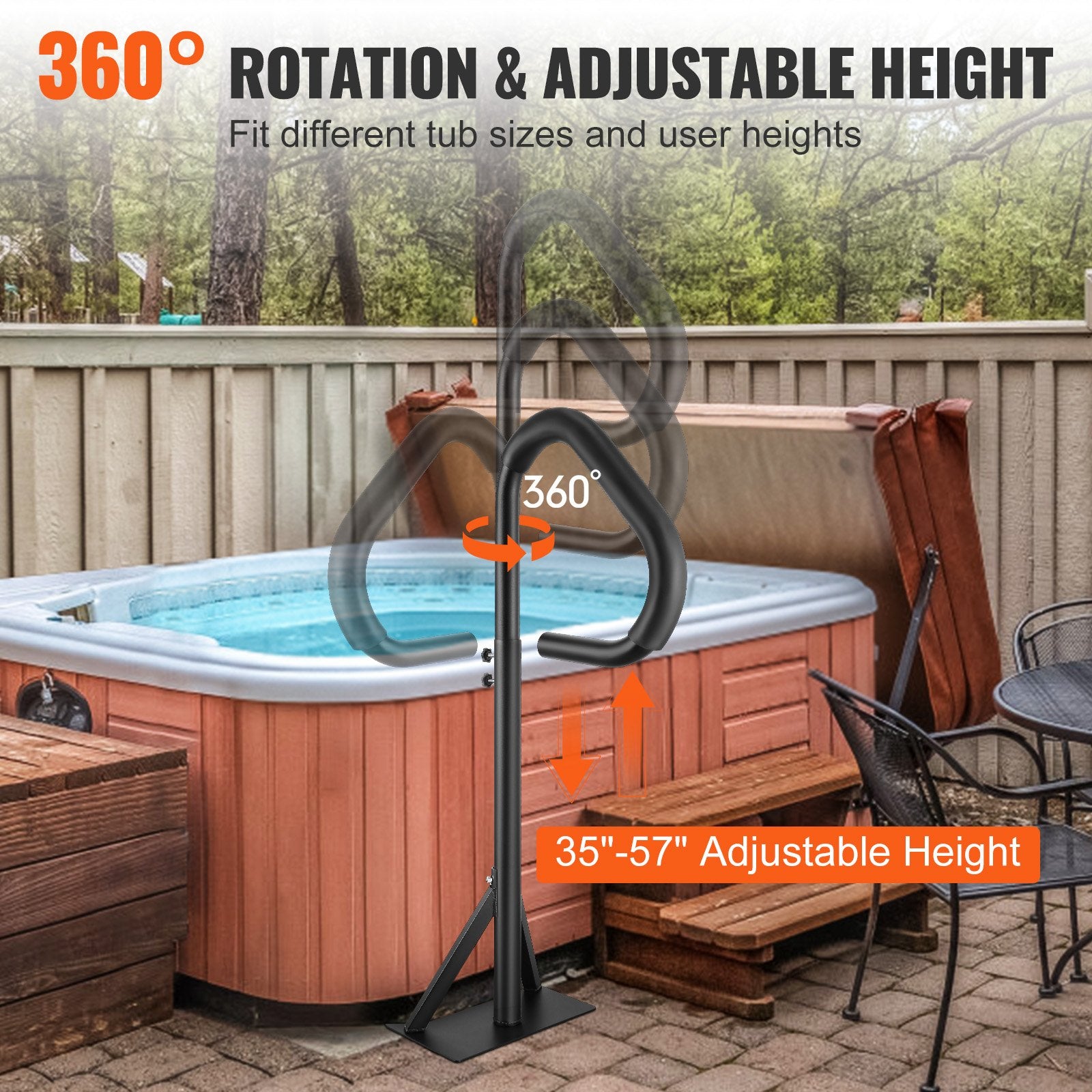 Mobility & Accessibility: VEVOR Hot Tub Handrail, 360 Rotatable Spa Side Handrail with 35"-57" Adjustable Height, Rust-proof Aluminum Spa Step Hot Tub Hand Rail with Slide-Under Mount Base for Indoor & Outdoor, 600LBS Capacity
