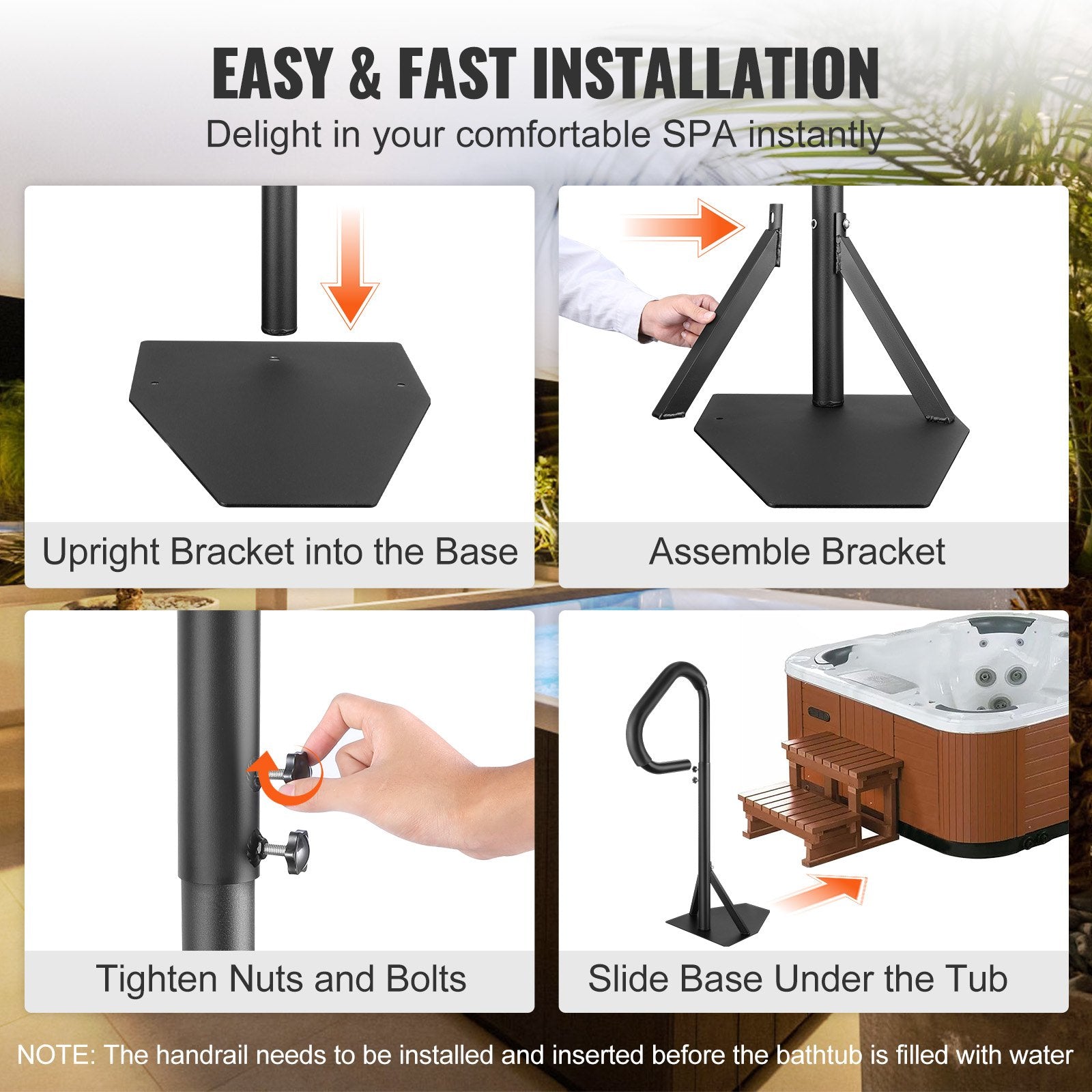 Mobility & Accessibility: VEVOR Hot Tub Handrail, 360 Rotatable Spa Side Handrail with 35"-57" Adjustable Height, Rust-proof Aluminum Spa Step Hot Tub Hand Rail with Slide-Under Mount Base for Indoor & Outdoor, 600LBS Capacity