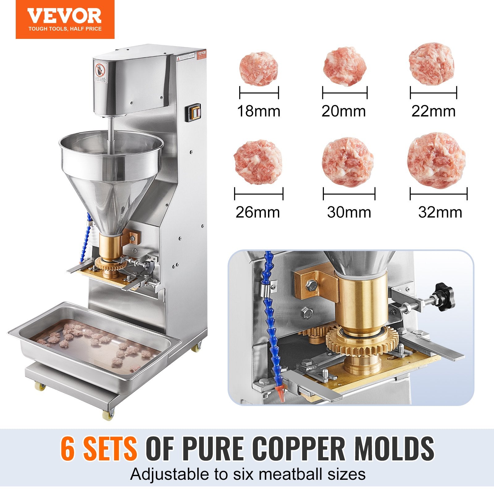 Basketball & Basketball Accessories: VEVOR Commercial Meatball Forming Machine, 280 PCs/min Automatic Meatball Maker, 1100W Electric Fish Beef Pork Shrimp Ball Making Tool, Stainless Steel Meatball Former with 18/20/22/26/30/32 mm Models