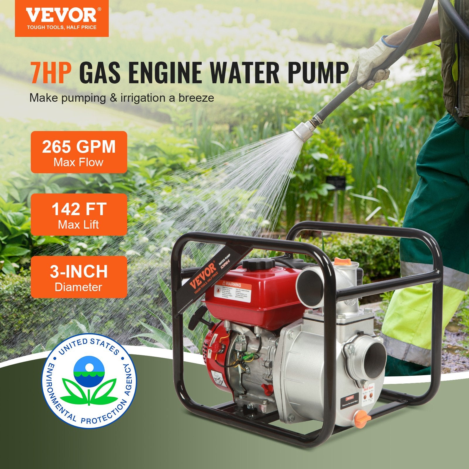 Gardening Tools: VEVOR Gasoline Engine Water Pump, 80 mm, 7HP 265 GPM, 43 m Lift, 7 m Suction, 4-Stroke Gas Powered Trash Water Transfer Pump Portable High Pressure with 25ft Hose for Irrigation Pool, EPA Certified