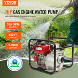 Gardening Tools: VEVOR Gasoline Engine Water Pump, 80 mm, 7HP 265 GPM, 43 m Lift, 7 m Suction, 4-Stroke Gas Powered Trash Water Transfer Pump Portable High Pressure with 25ft Hose for Irrigation Pool, EPA Certified
