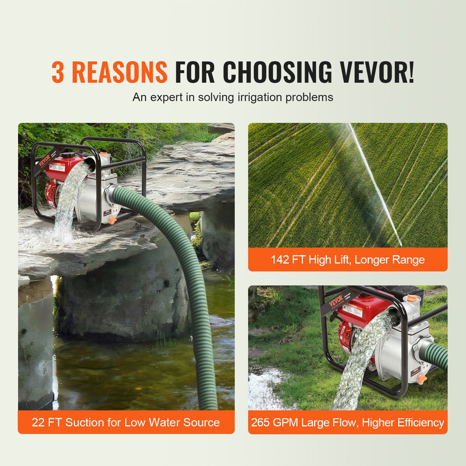 Gardening Tools: VEVOR Gasoline Engine Water Pump, 80 mm, 7HP 265 GPM, 43 m Lift, 7 m Suction, 4-Stroke Gas Powered Trash Water Transfer Pump Portable High Pressure with 25ft Hose for Irrigation Pool, EPA Certified