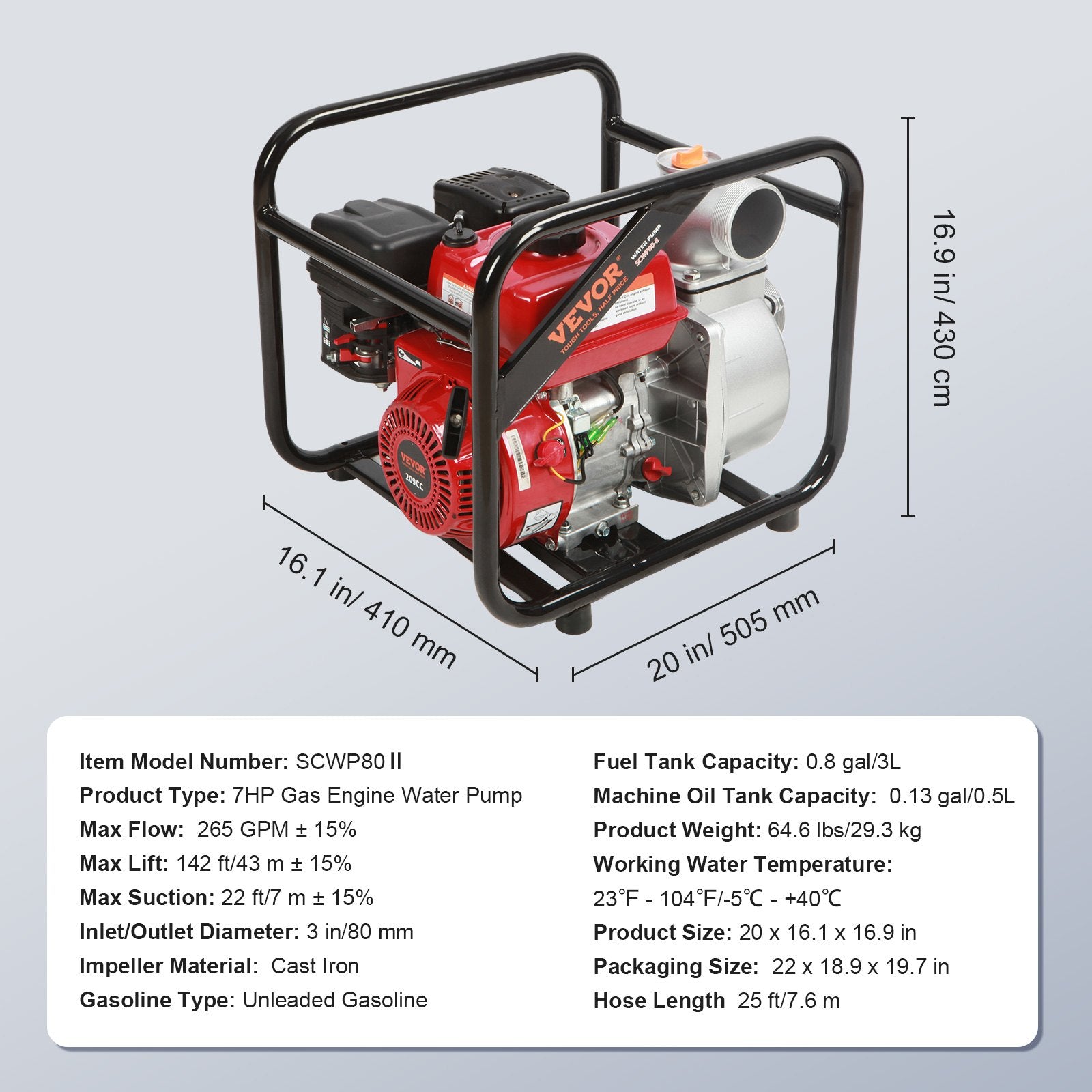 Gardening Tools: VEVOR Gasoline Engine Water Pump, 80 mm, 7HP 265 GPM, 43 m Lift, 7 m Suction, 4-Stroke Gas Powered Trash Water Transfer Pump Portable High Pressure with 25ft Hose for Irrigation Pool, EPA Certified