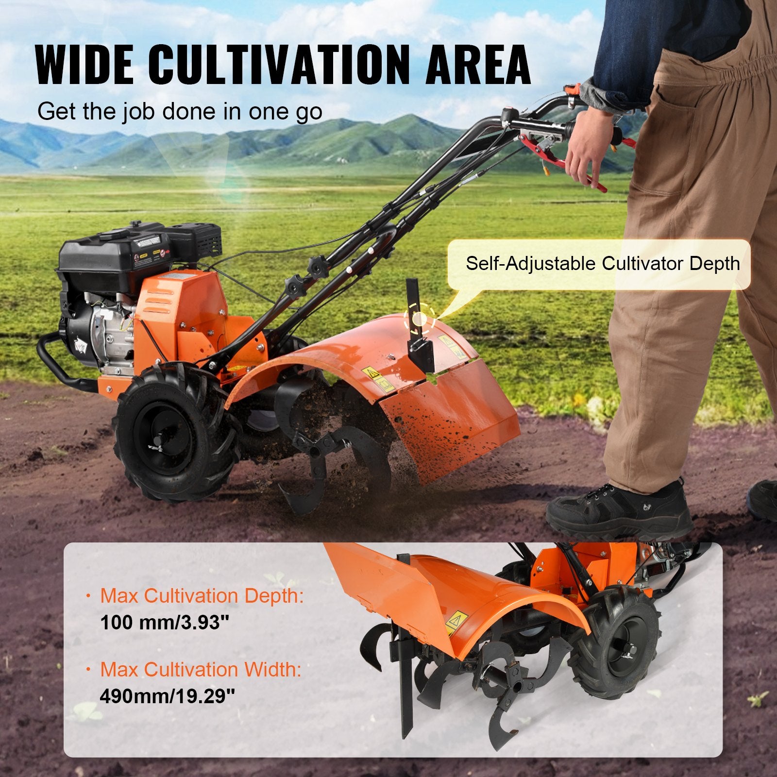 Gardening Tools: VEVOR Tiller Cultivator Gas Powered, 212CC 4-Stroke Garden Cultivator, Tiller with 4 Steel Adjustable Rear Tines for Lawn, Garden and Field Soil Cultivation