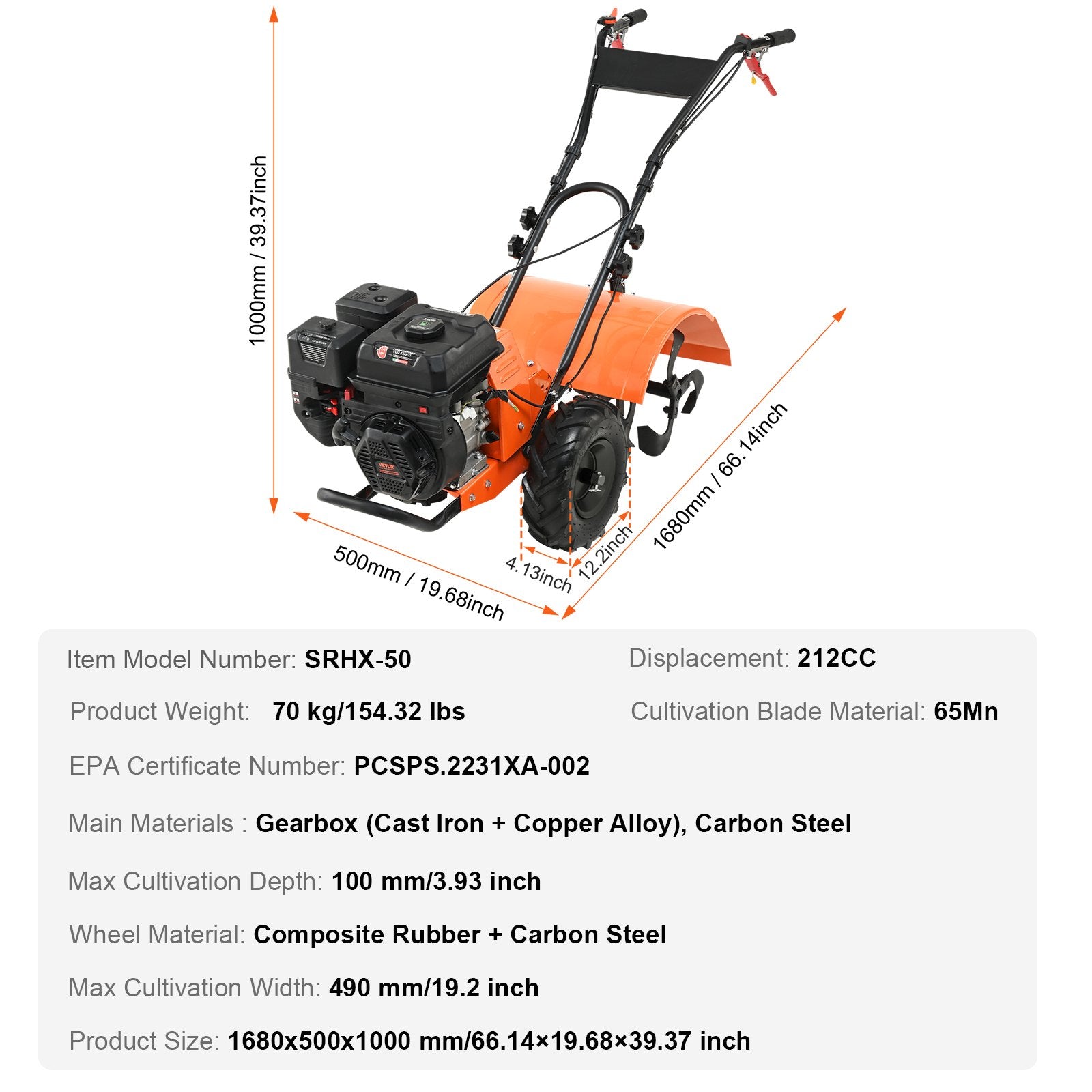 Gardening Tools: VEVOR Tiller Cultivator Gas Powered, 212CC 4-Stroke Garden Cultivator, Tiller with 4 Steel Adjustable Rear Tines for Lawn, Garden and Field Soil Cultivation