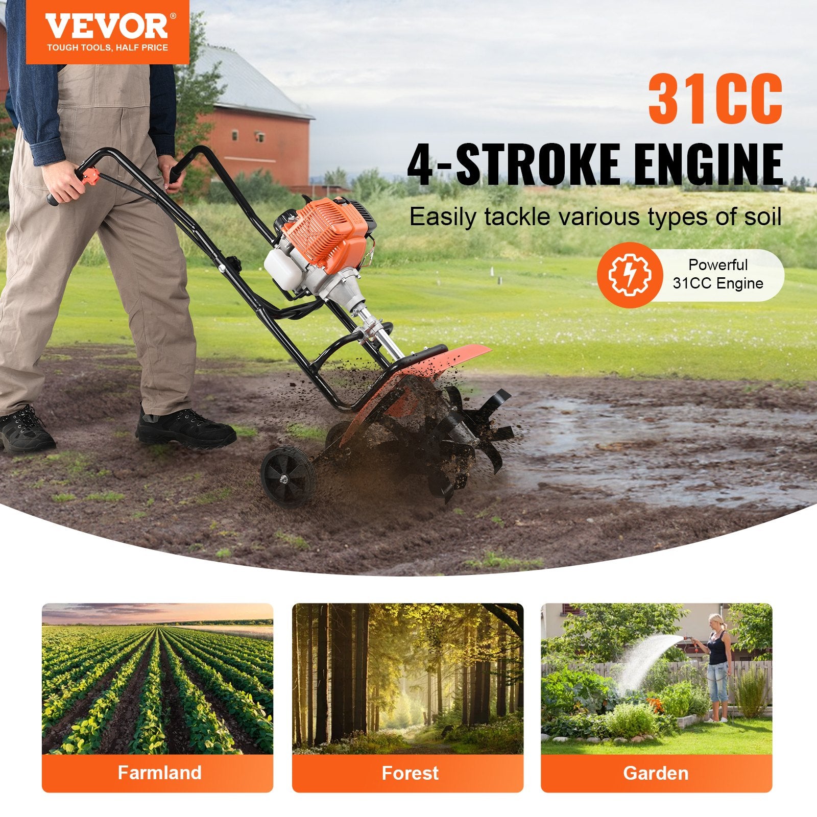 Gardening Tools: VEVOR Tiller Cultivator Gas Powered, 31CC 4-Stroke Garden Cultivator, Tiller with 4 Steel Adjustable Front Tines for Lawn, Garden and Field Soil Cultivation