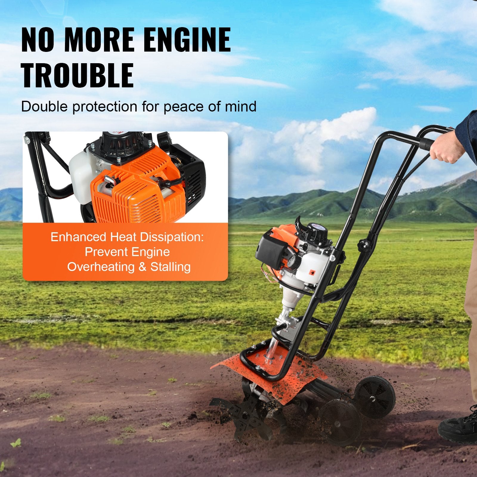 Gardening Tools: VEVOR Tiller Cultivator Gas Powered, 38CC 4-Stroke Garden Cultivator, Tiller with 4 Steel Adjustable Front Tines for Lawn, Garden and Field Soil Cultivation