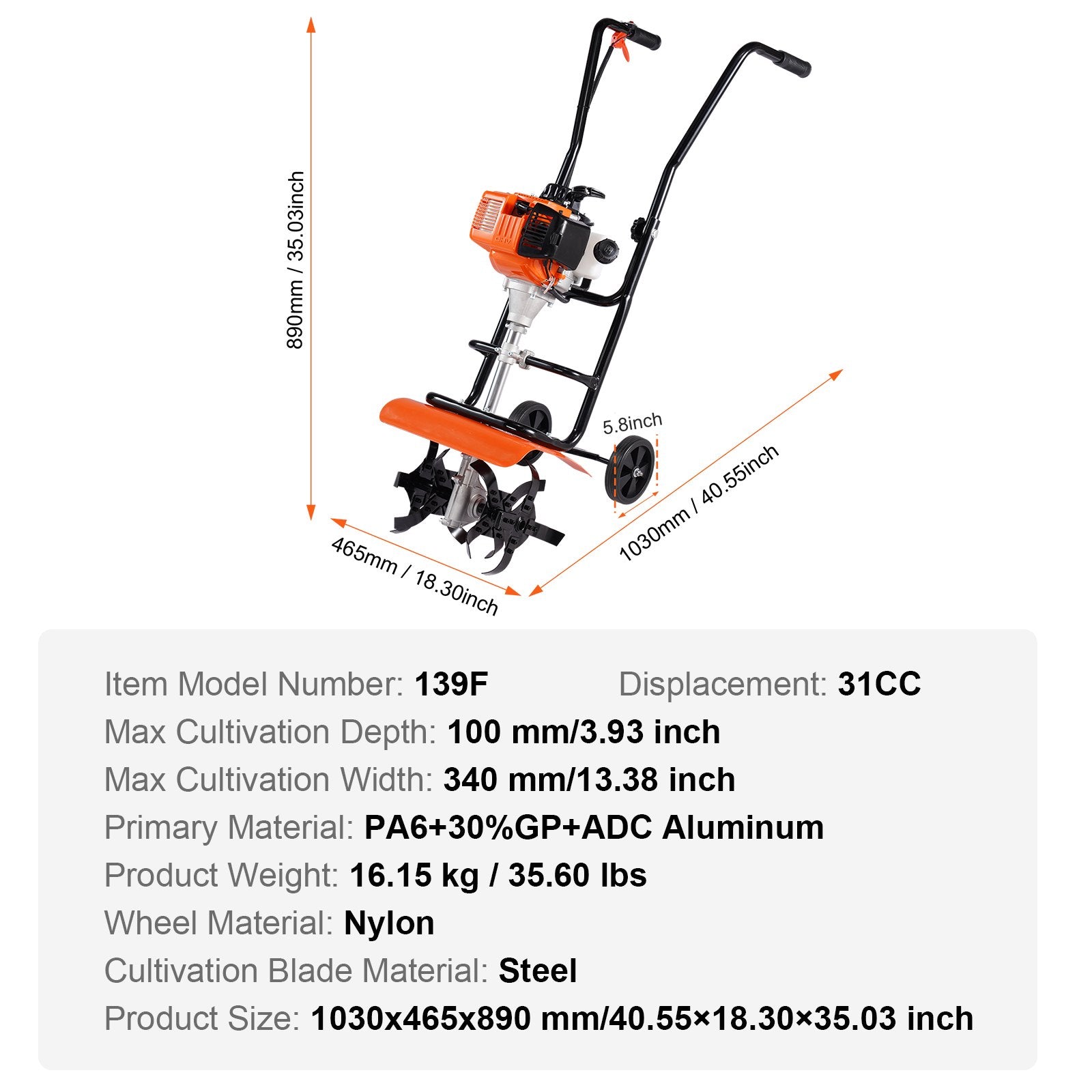 Gardening Tools: VEVOR Tiller Cultivator Gas Powered, 38CC 4-Stroke Garden Cultivator, Tiller with 4 Steel Adjustable Front Tines for Lawn, Garden and Field Soil Cultivation