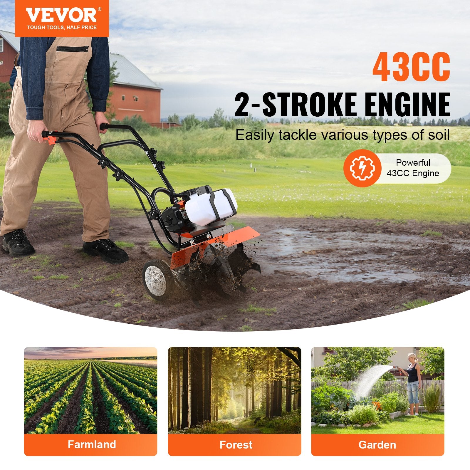 Gardening Tools: VEVOR Tiller Cultivator Gas Powered, 43CC 2-Stroke Garden Cultivator, Tiller with 4 Steel Adjustable Front Tines for Lawn, Garden and Field Soil Cultivation