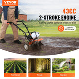 Gardening Tools: VEVOR Tiller Cultivator Gas Powered, 43CC 2-Stroke Garden Cultivator, Tiller with 4 Steel Adjustable Front Tines for Lawn, Garden and Field Soil Cultivation