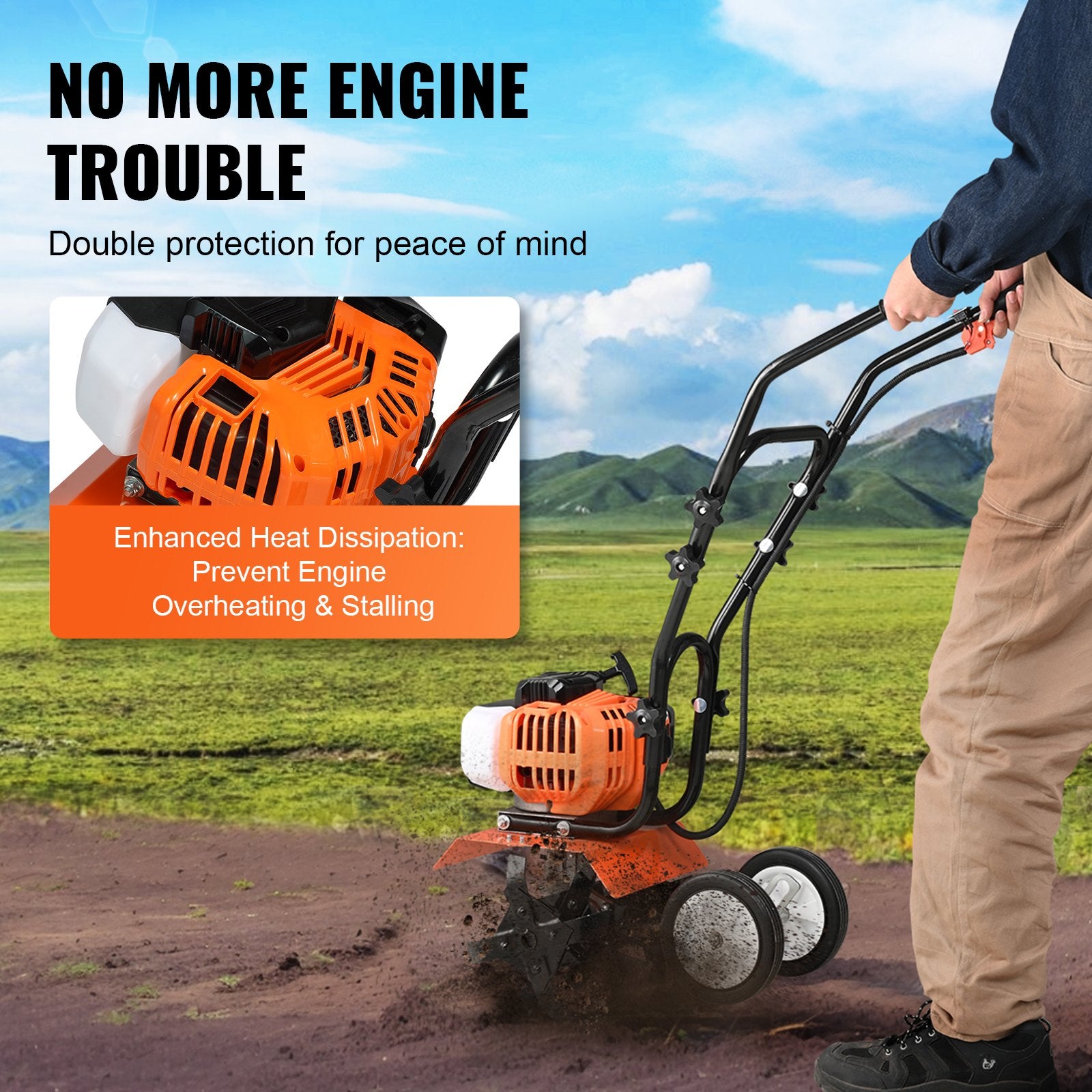 Gardening Tools: VEVOR Tiller Cultivator Gas Powered, 43CC 2-Stroke Garden Cultivator, Tiller with 4 Steel Adjustable Front Tines for Lawn, Garden and Field Soil Cultivation