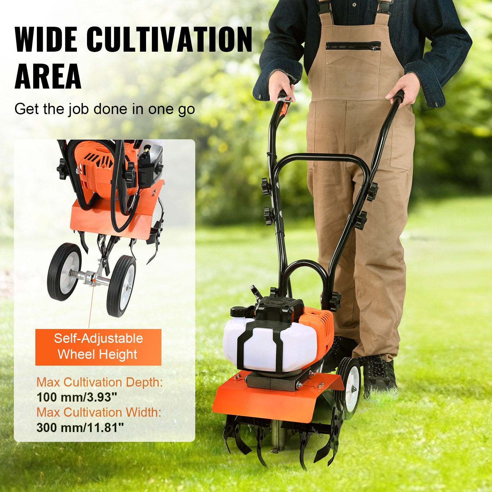 Gardening Tools: VEVOR Tiller Cultivator Gas Powered, 43CC 2-Stroke Garden Cultivator, Tiller with 4 Steel Adjustable Front Tines for Lawn, Garden and Field Soil Cultivation