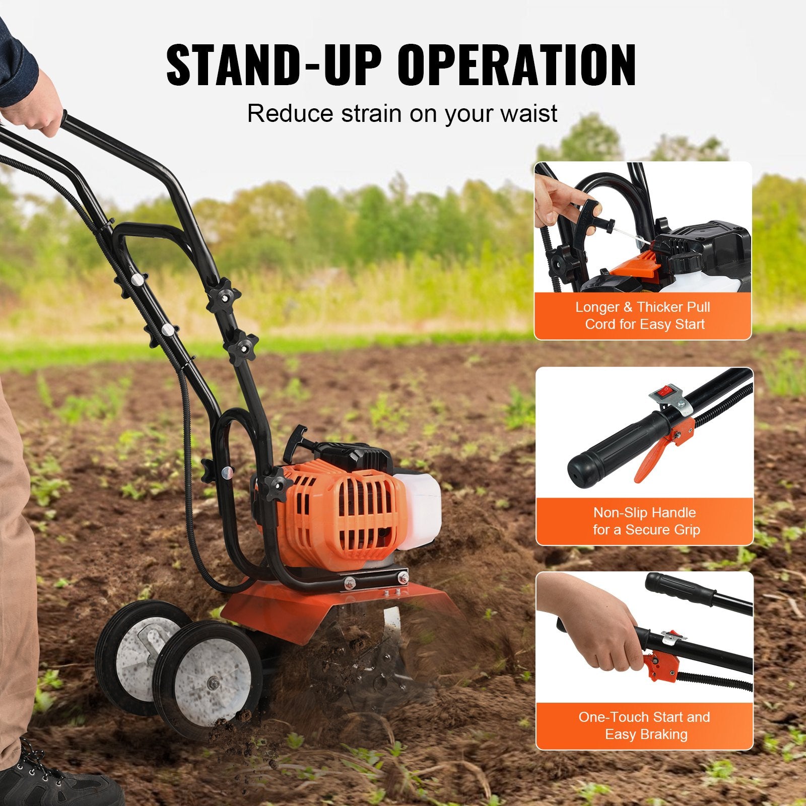 Gardening Tools: VEVOR Tiller Cultivator Gas Powered, 43CC 2-Stroke Garden Cultivator, Tiller with 4 Steel Adjustable Front Tines for Lawn, Garden and Field Soil Cultivation