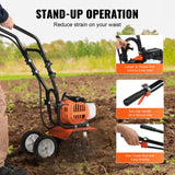 Gardening Tools: VEVOR Tiller Cultivator Gas Powered, 43CC 2-Stroke Garden Cultivator, Tiller with 4 Steel Adjustable Front Tines for Lawn, Garden and Field Soil Cultivation