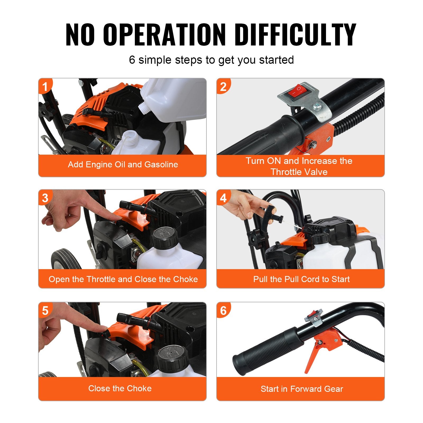 Gardening Tools: VEVOR Tiller Cultivator Gas Powered, 43CC 2-Stroke Garden Cultivator, Tiller with 4 Steel Adjustable Front Tines for Lawn, Garden and Field Soil Cultivation