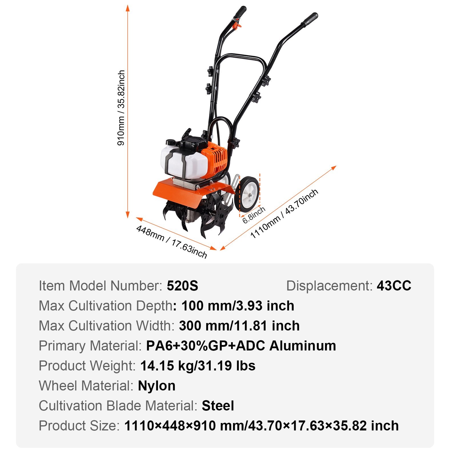 Gardening Tools: VEVOR Tiller Cultivator Gas Powered, 43CC 2-Stroke Garden Cultivator, Tiller with 4 Steel Adjustable Front Tines for Lawn, Garden and Field Soil Cultivation