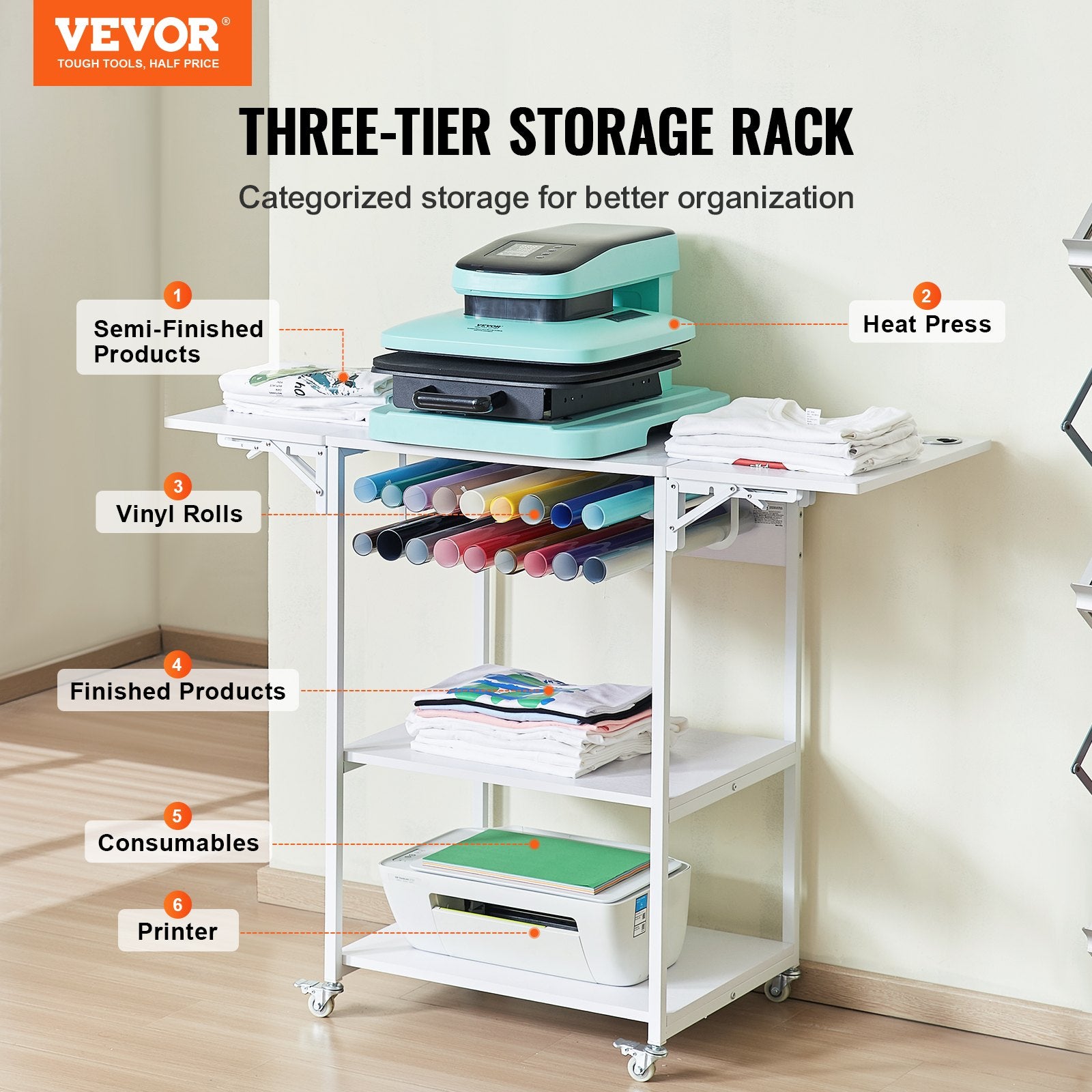 BBQ Tools: VEVOR Heat Press Table 3Tier Movable Heat Press Stand Foldable with Wheels White