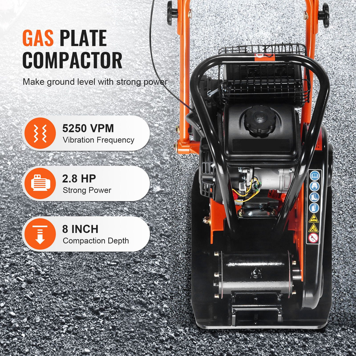 Plate Compactor, 2.8 HP 78.5CC Gas Engine 5,250 VPM, 870 kg Force Vibratory Compaction Tamper with 18.7 x 11.8 inch Plate for Walkways, Patios, Asphalts, Paver Landscaping