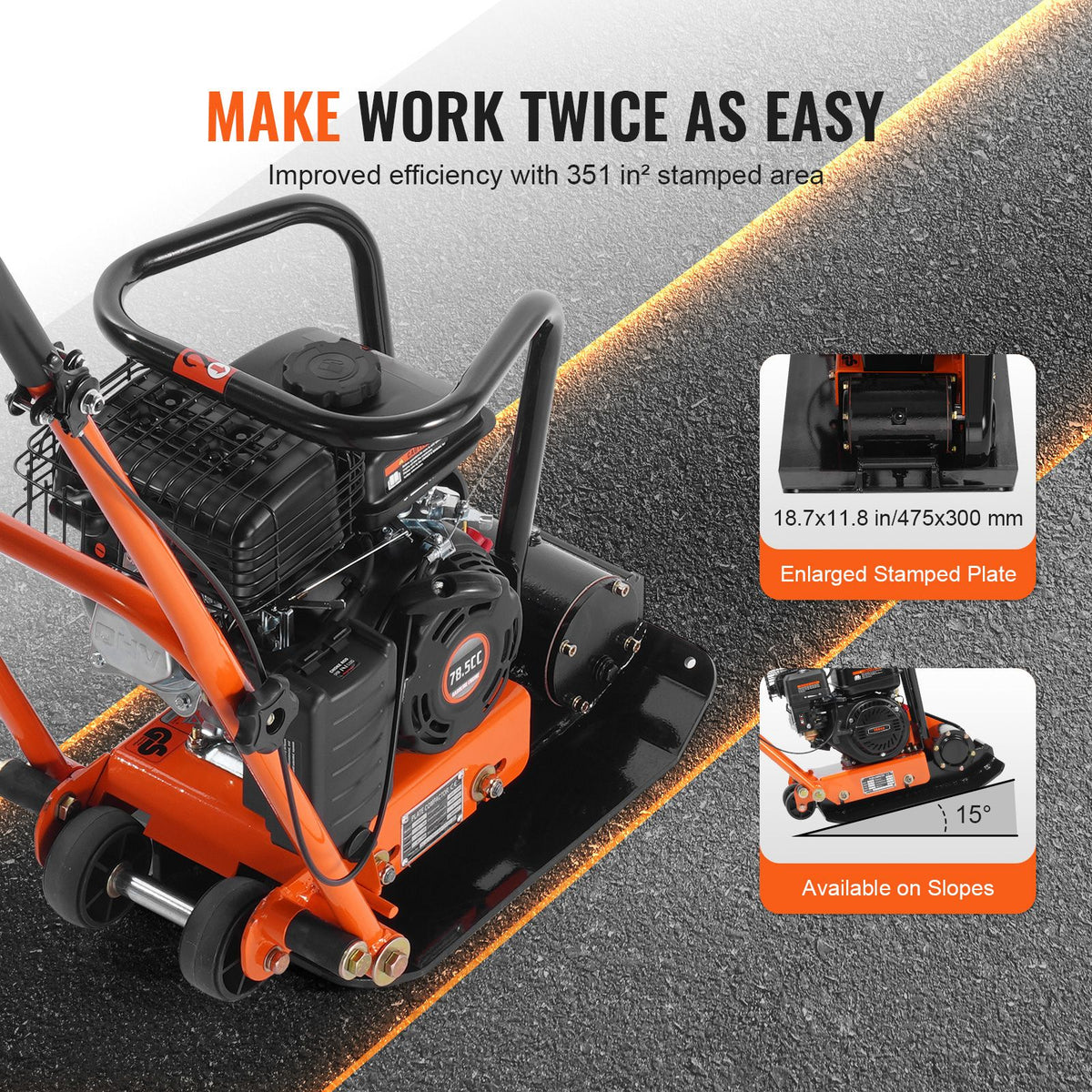 Plate Compactor, 2.8 HP 78.5CC Gas Engine 5,250 VPM, 870 kg Force Vibratory Compaction Tamper with 18.7 x 11.8 inch Plate for Walkways, Patios, Asphalts, Paver Landscaping